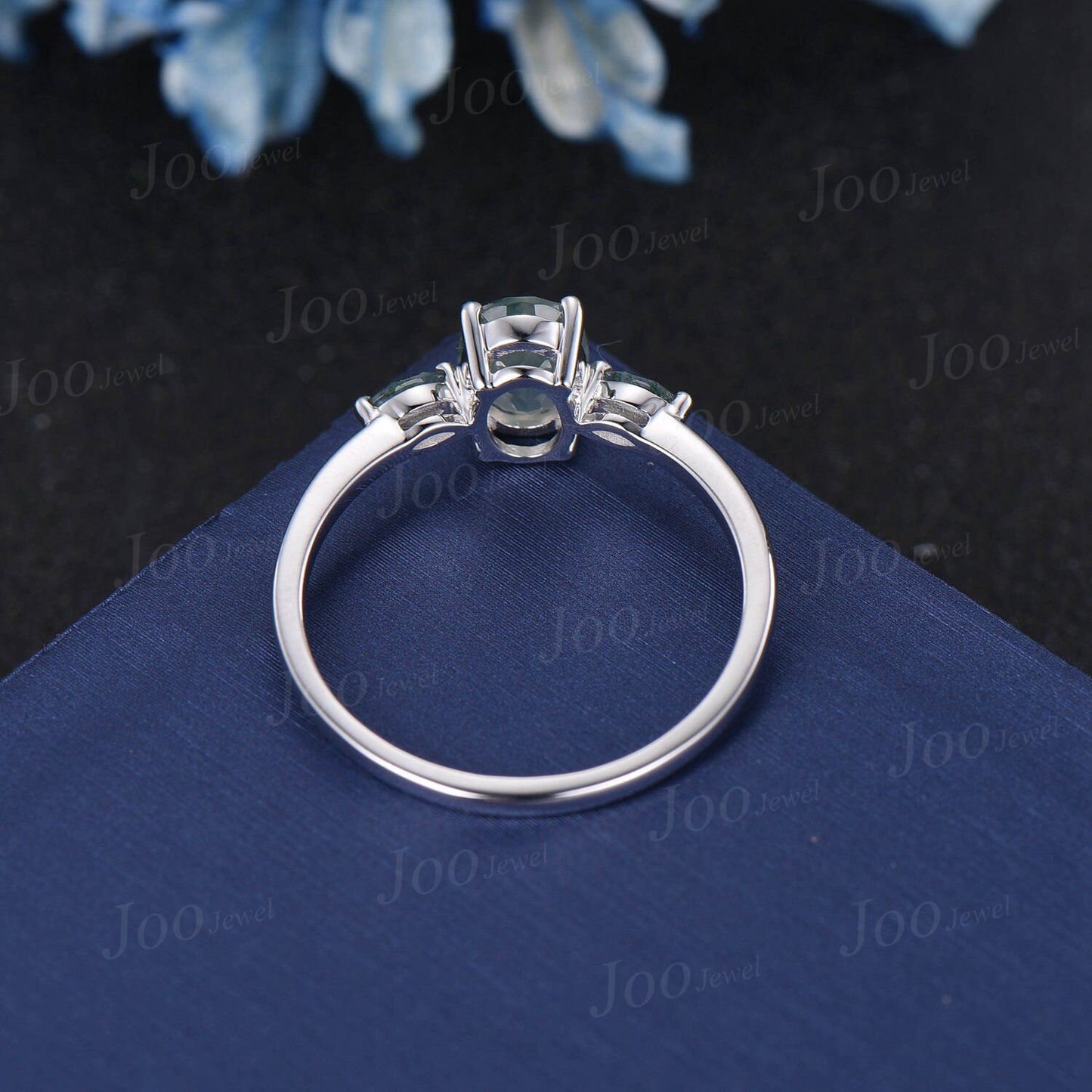 1.5ct Oval Natural Moss Agate Engagement Ring 10K/14K/18K Rose Gold Three Stone Aquatic Agate Promise Ring Marquise Moss Agate Wedding Ring