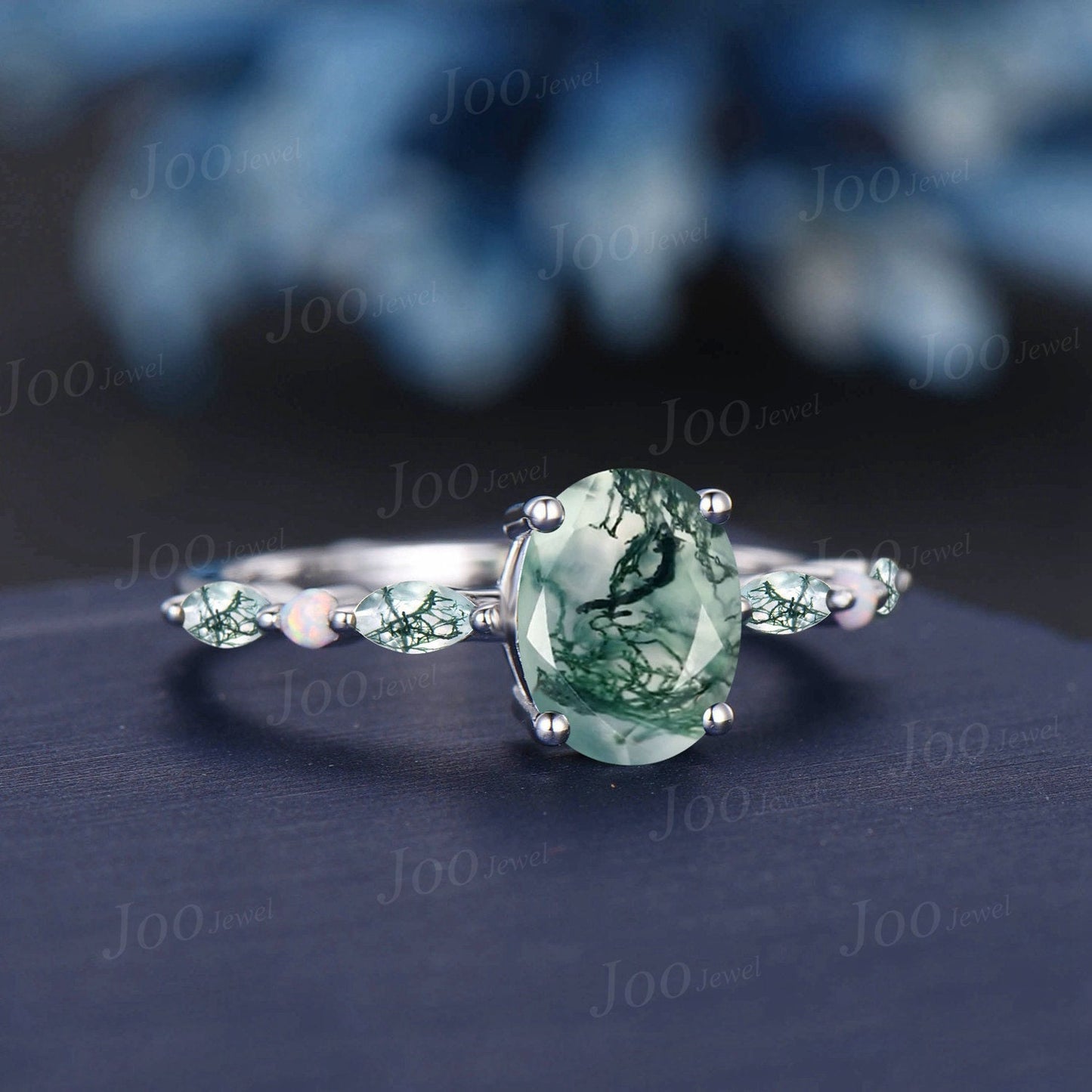 Half Eternity Moss Agate Engagement Ring 10K White Gold 2ct Oval Natural Green Moss Agate Ring Unique Moss Opal Wedding Ring Platinum Ring