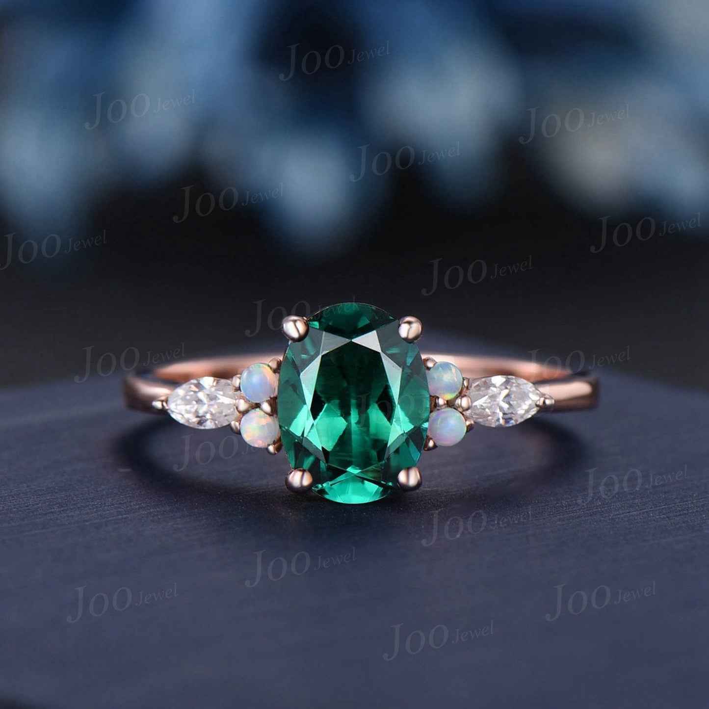 1.5ct Oval Cut Green Emerald Ring Set Green Gemstone Ring Opal Moissanite Wedding Ring May Birthstone Ring Birthday/Anniversary Gift Women