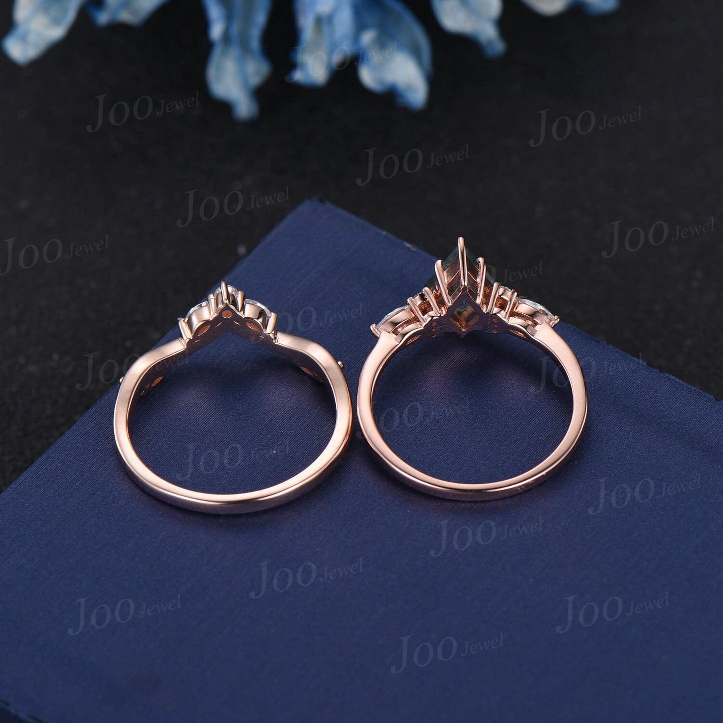 1ct Kite Natural Green Moss Agate Engagement Ring Set 10K Rose Gold Cluster Aquatic Agate Promise Ring Marquise Moissanite Wedding Ring Set