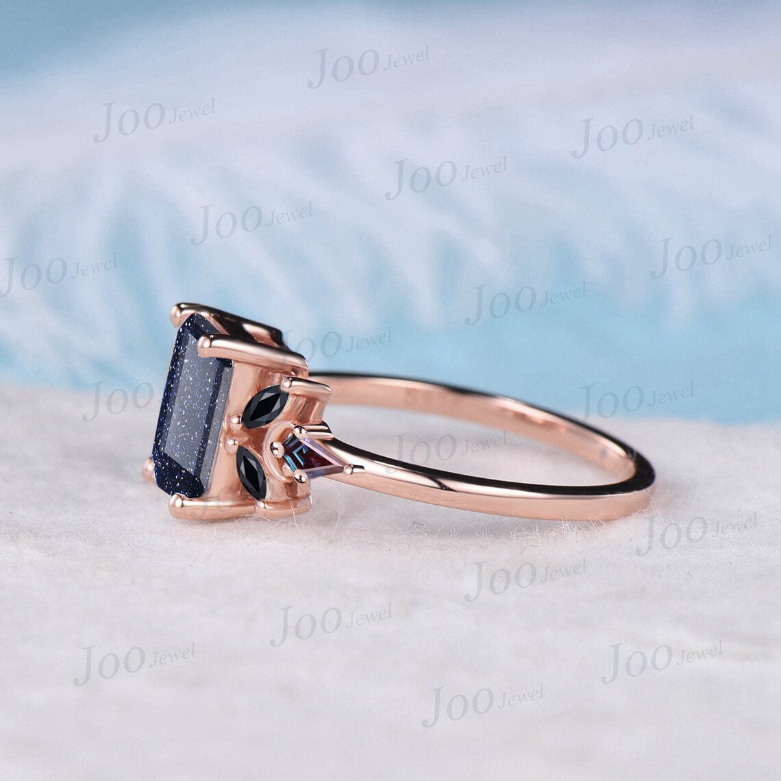 2ct Emerald Cut Galaxy Blue Sandstone Engagement Ring Black Spinel Gemstone Vintage Cluster Kite Alexandrite Ring Personalized Gifts Women