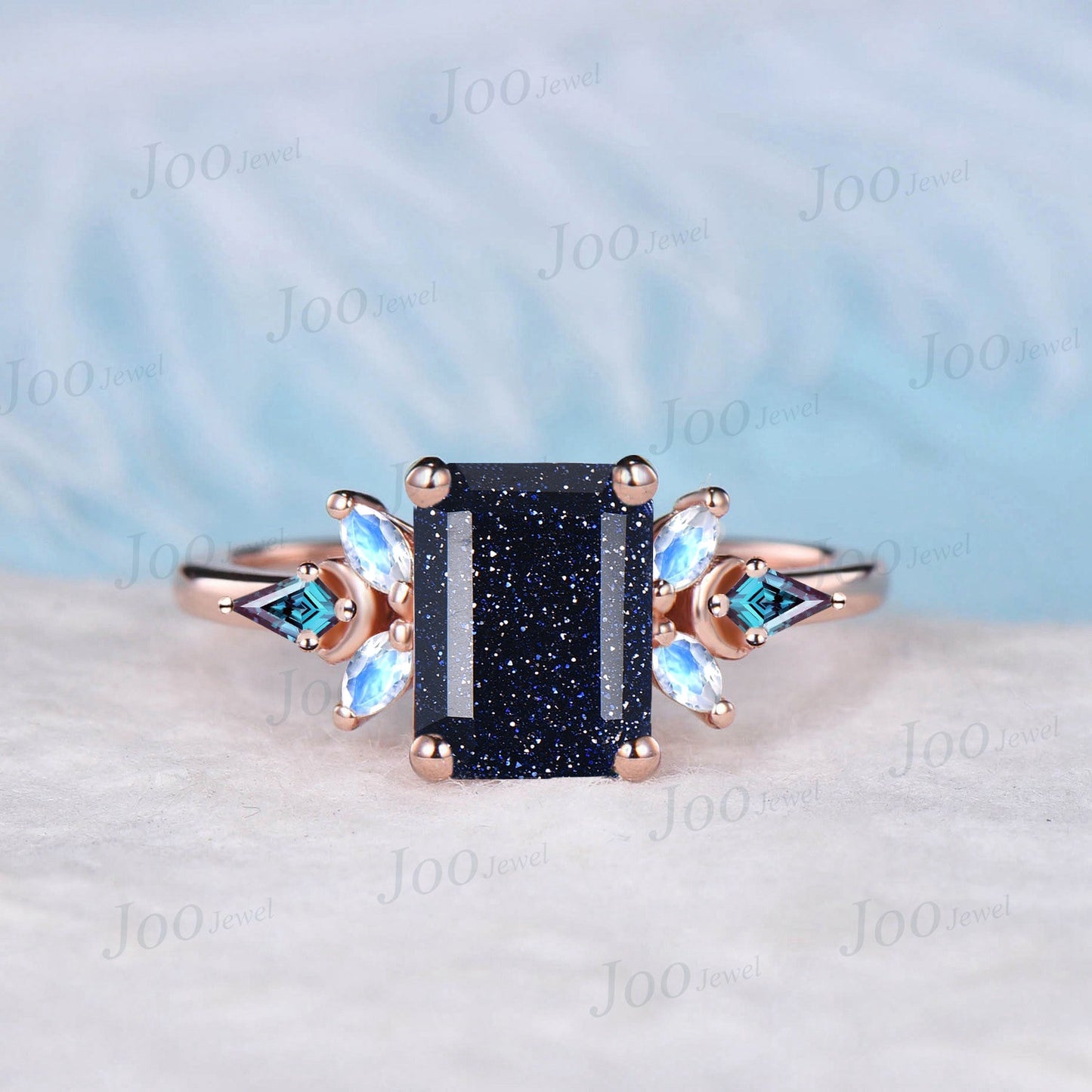 2ct Emerald Cut Galaxy Blue Sandstone Engagement Ring Black Spinel Gemstone Vintage Cluster Kite Alexandrite Ring Personalized Gifts Women