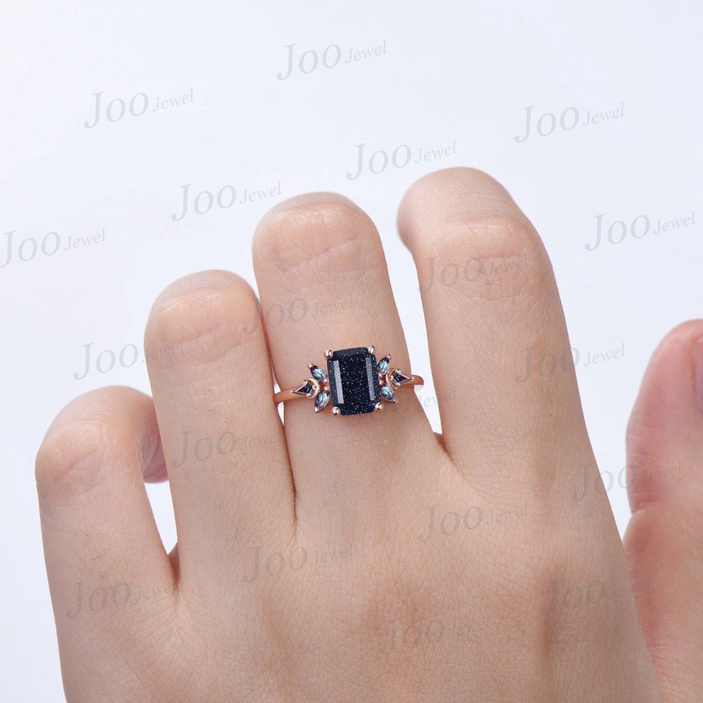 2ct Emerald Cut Galaxy Blue Sandstone Engagement Ring Vintage Cluster Kite Alexandrite Moon Ring Personalized Handmade Proposal Gifts Women