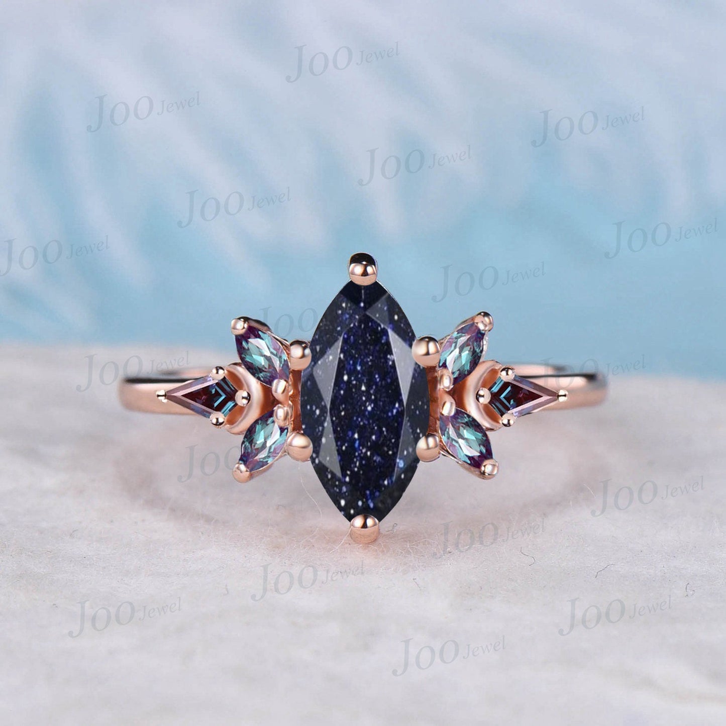 2ct Emerald Cut Galaxy Blue Sandstone Engagement Ring Vintage Cluster Kite Alexandrite Moon Ring Personalized Handmade Proposal Gifts Women