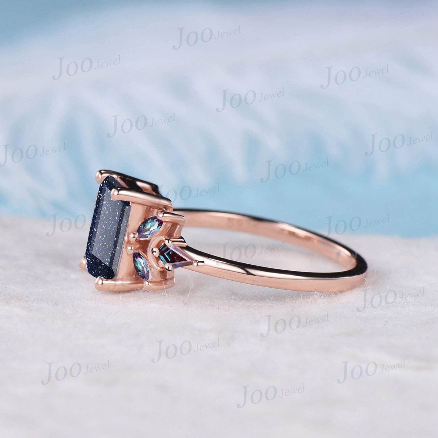 2ct Emerald Cut Galaxy Blue Sandstone Engagement Ring Vintage Cluster Kite Alexandrite Moon Ring Personalized Handmade Proposal Gifts Women