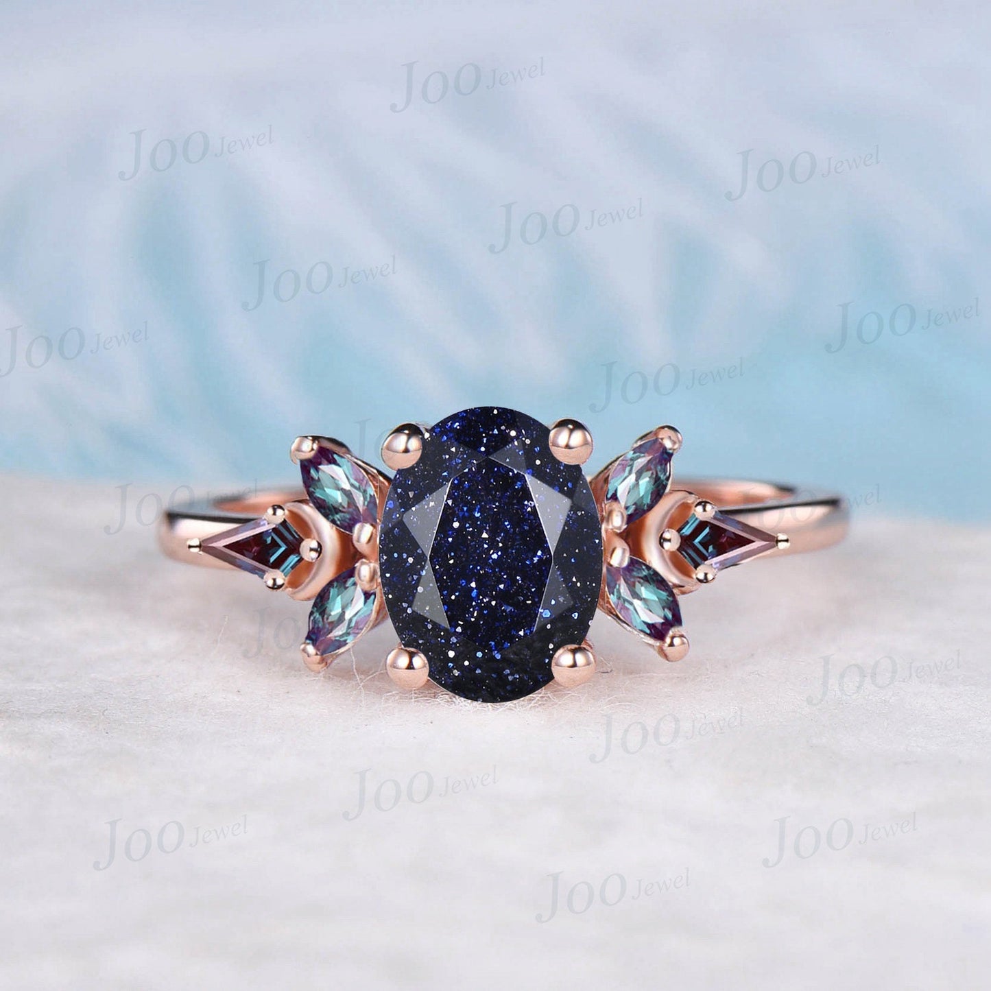 2ct Emerald Cut Galaxy Blue Sandstone Engagement Ring Vintage Cluster Kite Alexandrite Moon Ring Personalized Handmade Proposal Gifts Women