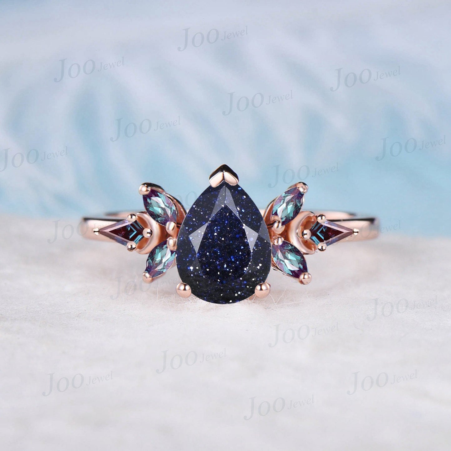 2ct Emerald Cut Galaxy Blue Sandstone Engagement Ring Vintage Cluster Kite Alexandrite Moon Ring Personalized Handmade Proposal Gifts Women