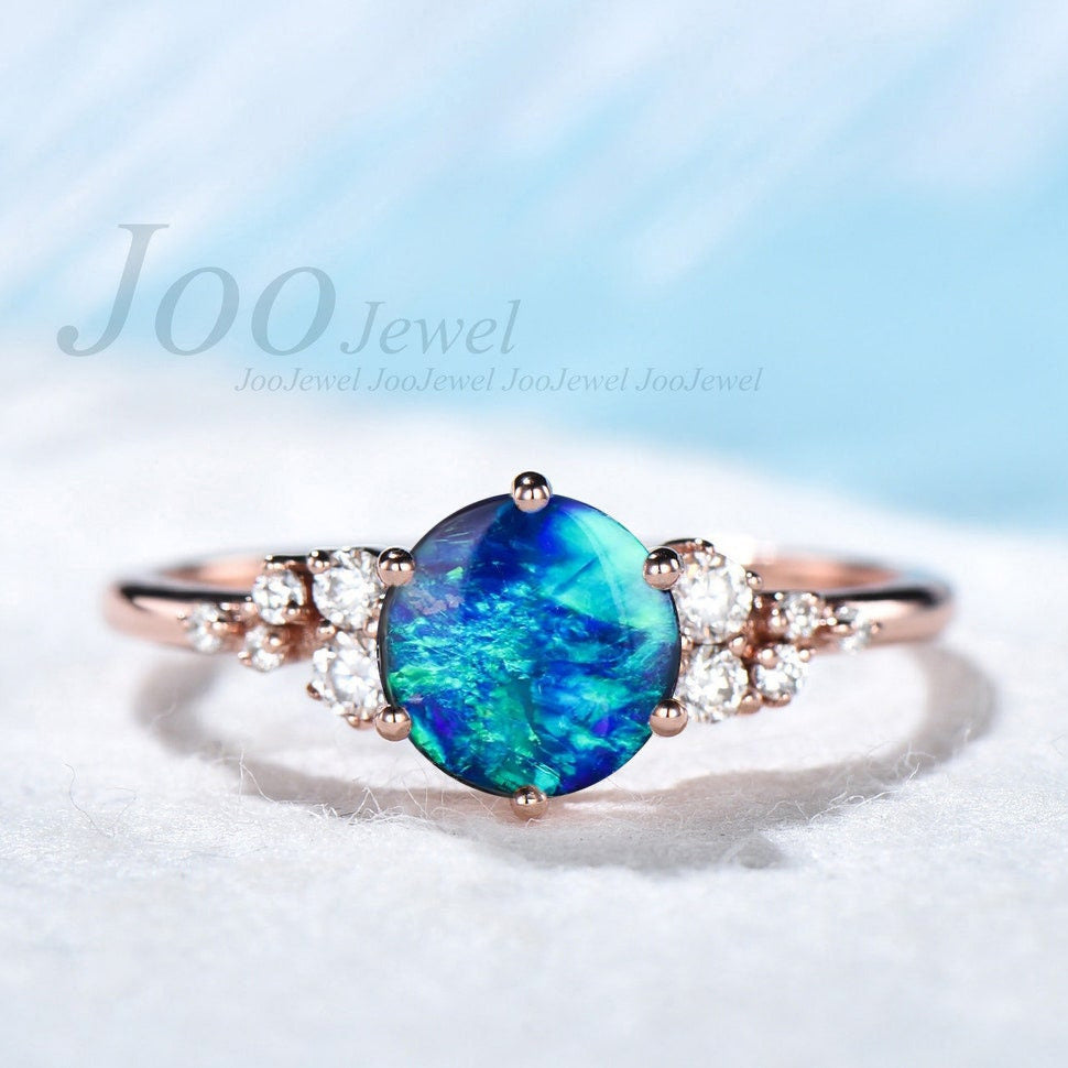 1ct Round Cut Dark Blue Opal Engagement Ring Vintage Rose Gold Cluster Wedding Ring Unique Anniversary Gift Blue Fire Opal Promise Ring Gift