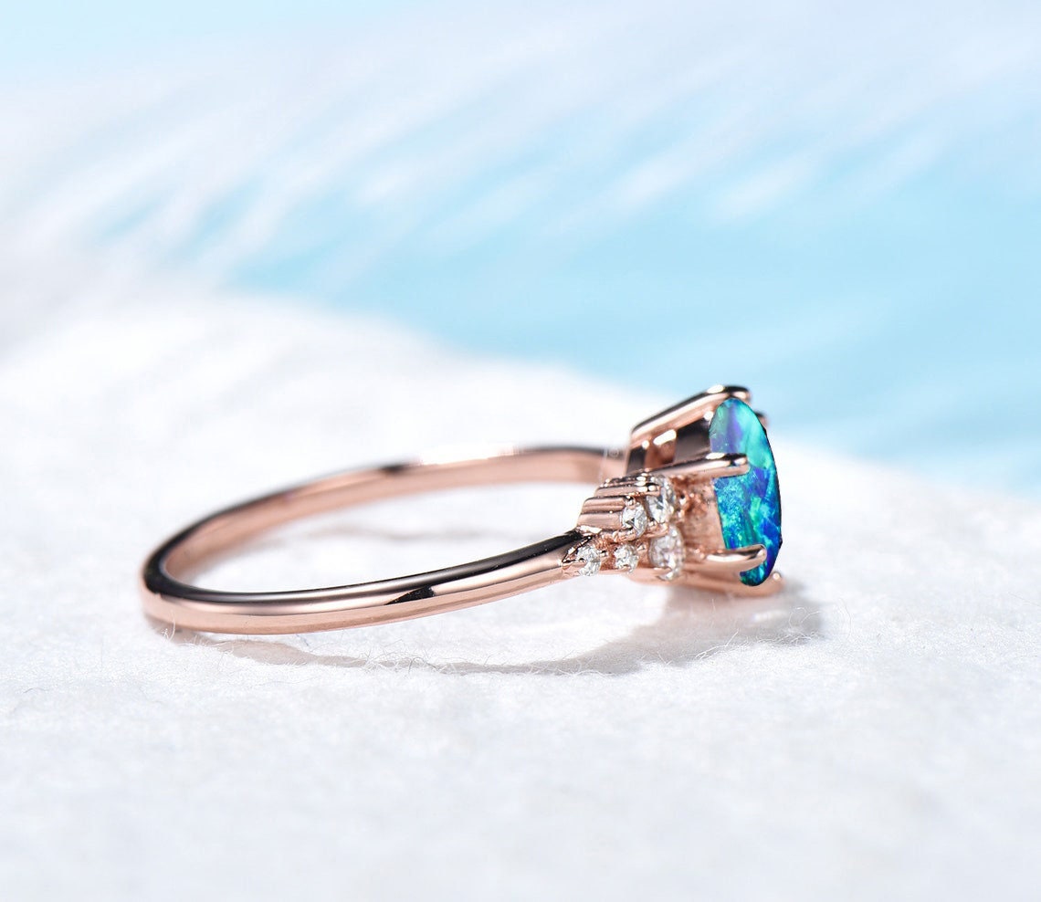 1ct Round Cut Dark Blue Opal Engagement Ring Vintage Rose Gold Cluster Wedding Ring Unique Anniversary Gift Blue Fire Opal Promise Ring Gift