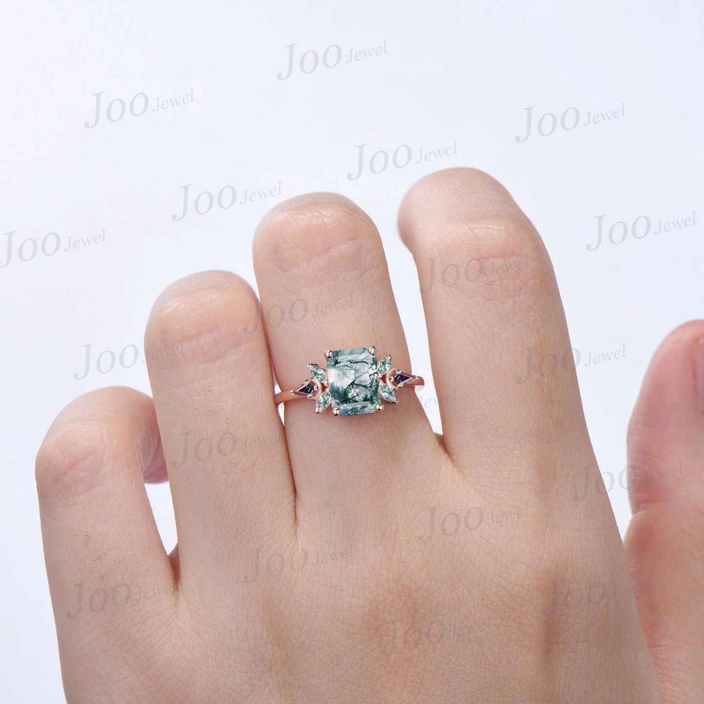 Cluster Moss Agate Alexandrite Engagement Ring Vintage 10K Rose Gold 2CT Emerald Cut Natural Moss Agate Moon Wedding Ring Personalized Gifts