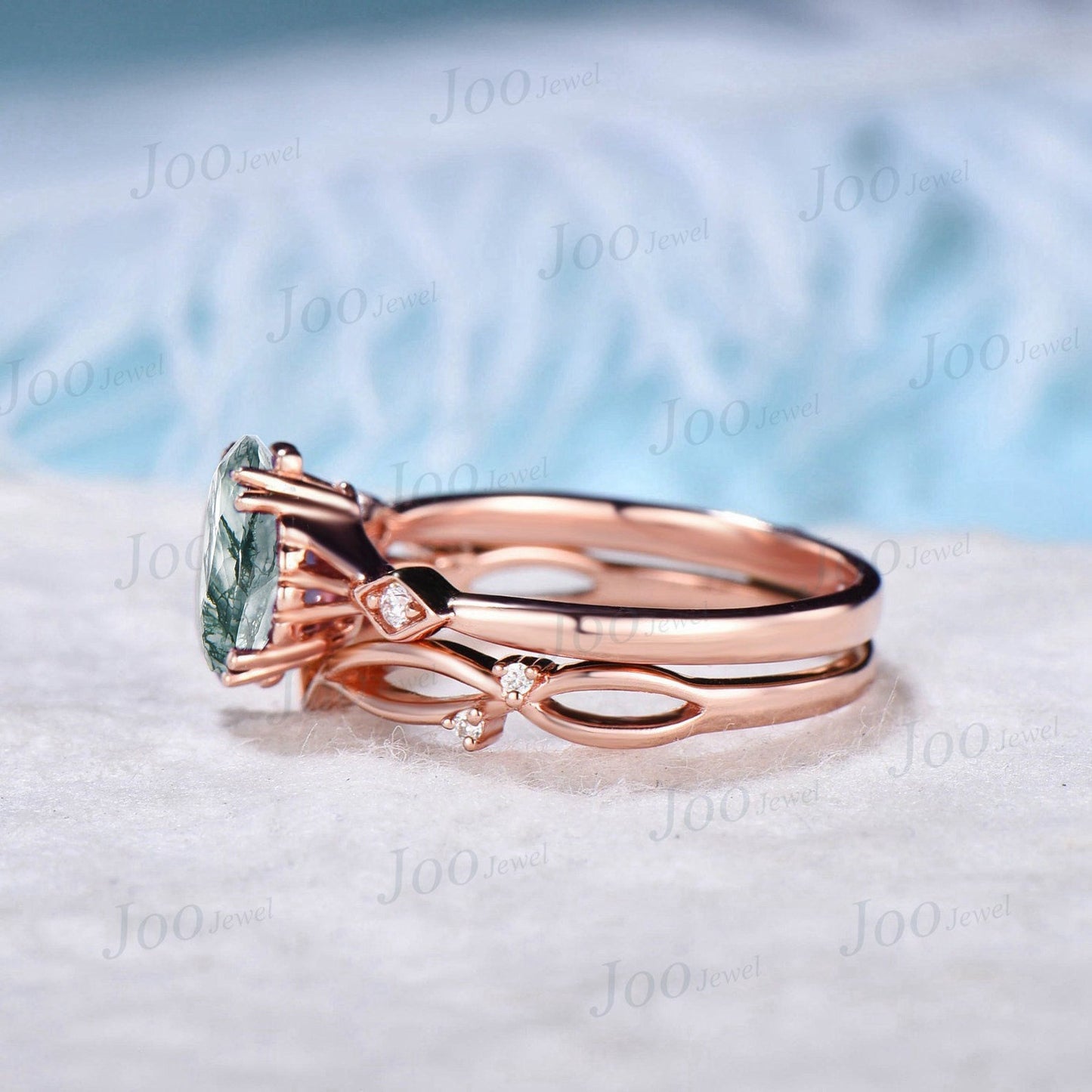 Vintage 1.25ct Pear Natural Moss Agate Engagement Ring Set Rose Gold Unique Moissanite Moss Agate Bridal Set Elvish Vine Promise Band Women