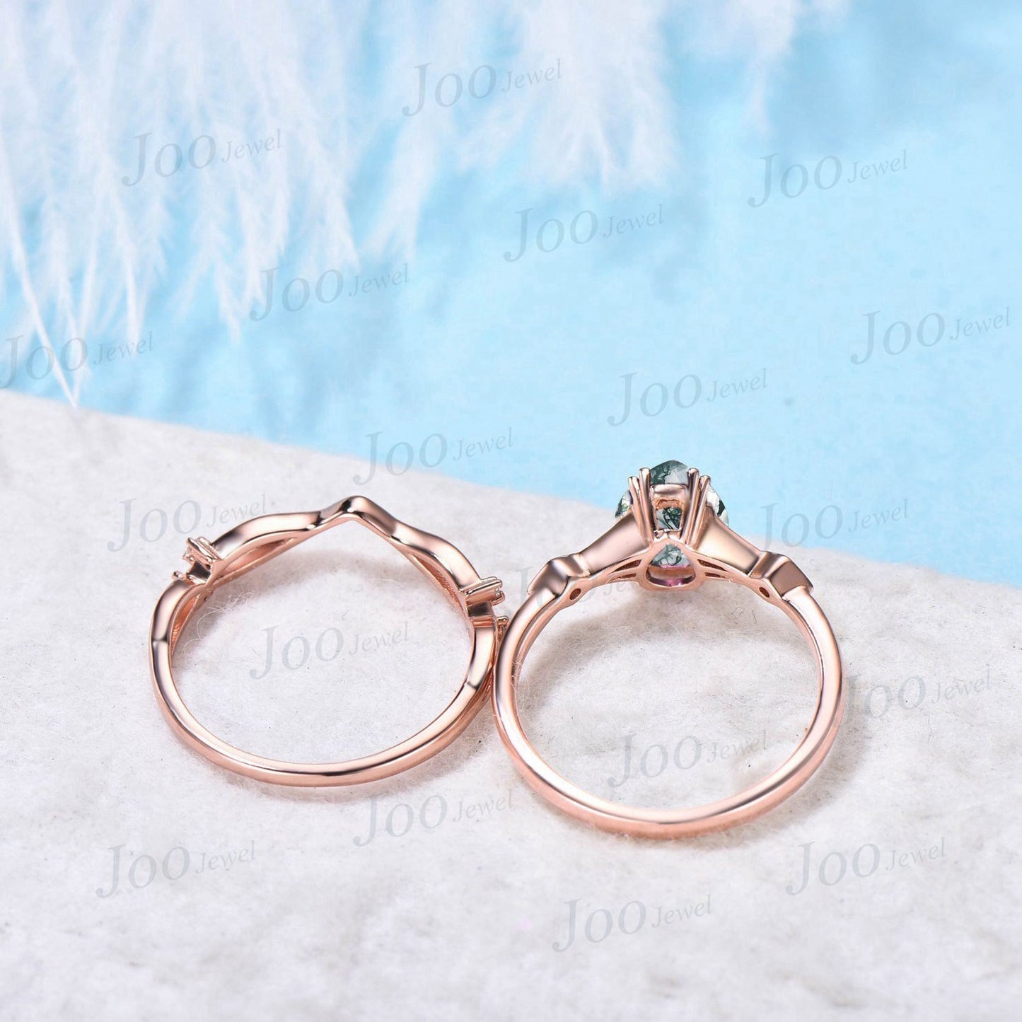 Vintage 1.25ct Pear Natural Moss Agate Engagement Ring Set Rose Gold Unique Moissanite Moss Agate Bridal Set Elvish Vine Promise Band Women