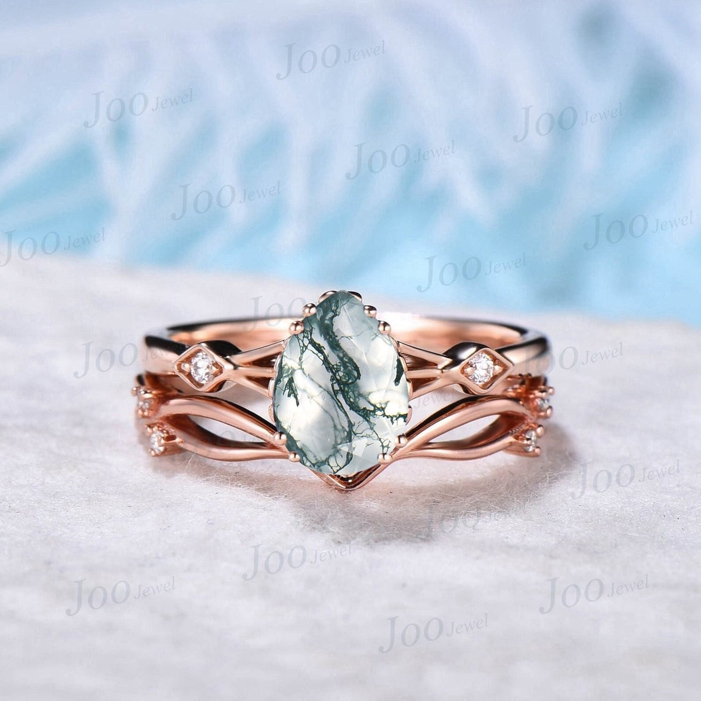 Vintage 1.25ct Pear Natural Moss Agate Engagement Ring Set Rose Gold Unique Moissanite Moss Agate Bridal Set Elvish Vine Promise Band Women
