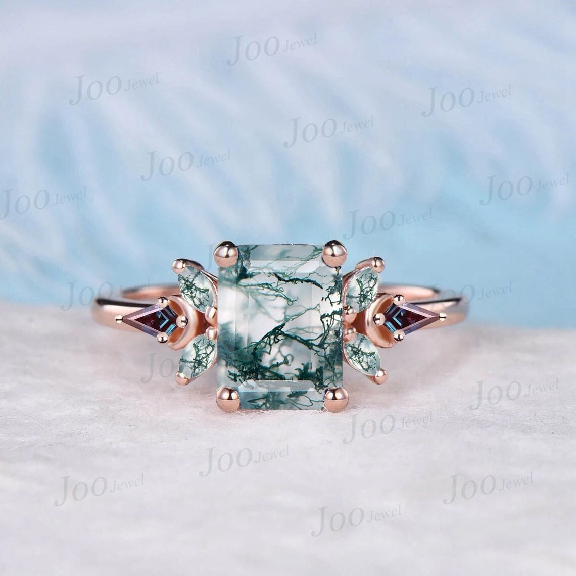 Cluster Moss Agate Alexandrite Engagement Ring Vintage 10K Rose Gold 2CT Emerald Cut Natural Moss Agate Moon Wedding Ring Personalized Gifts