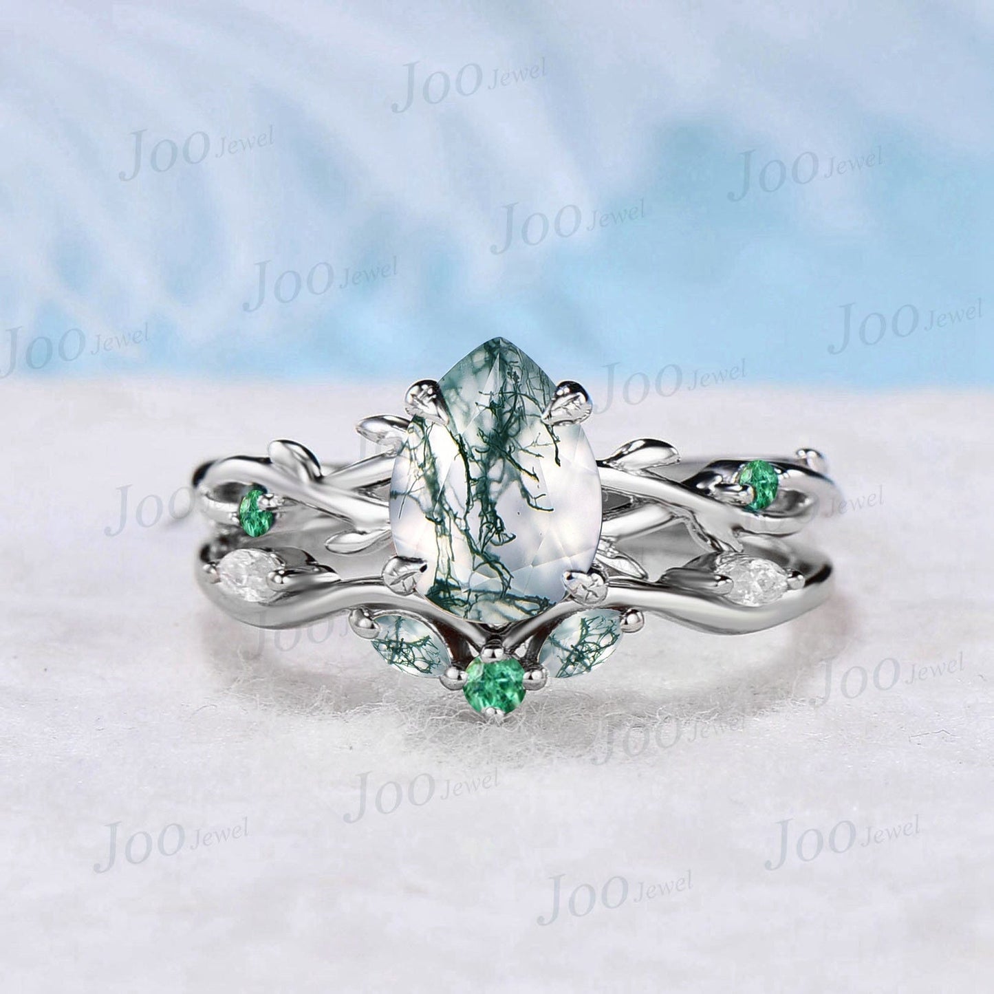 Nature Inspired Pear Moss Agate Ring Set 1.25ct Twig Moss Agate Engagement Ring Set Branch Vine Green Emerald Wedding Ring Moss Bridal Set