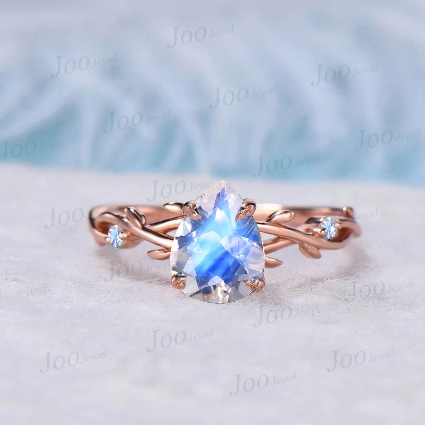 Nature Inspired Natural Pear Moonstone Ring Set 1.25ct Twig Vine Blue Moonstone Engagement Ring Set 10K White Gold Branch Vine Bridal Set