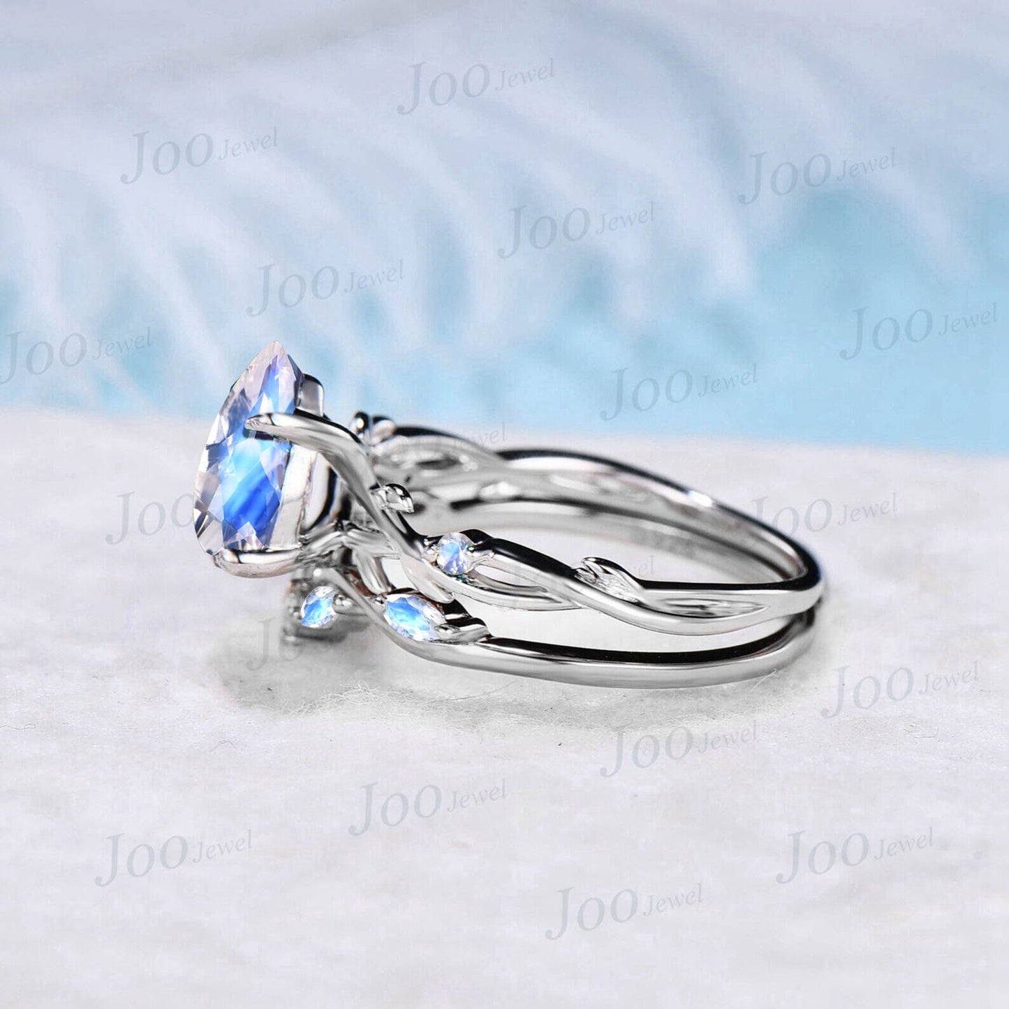 Nature Inspired Natural Pear Moonstone Ring Set 1.25ct Twig Vine Blue Moonstone Engagement Ring Set 10K White Gold Branch Vine Bridal Set
