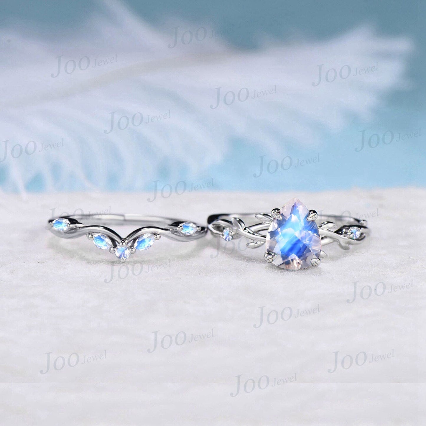 Nature Inspired Natural Pear Moonstone Ring Set 1.25ct Twig Vine Blue Moonstone Engagement Ring Set 10K White Gold Branch Vine Bridal Set