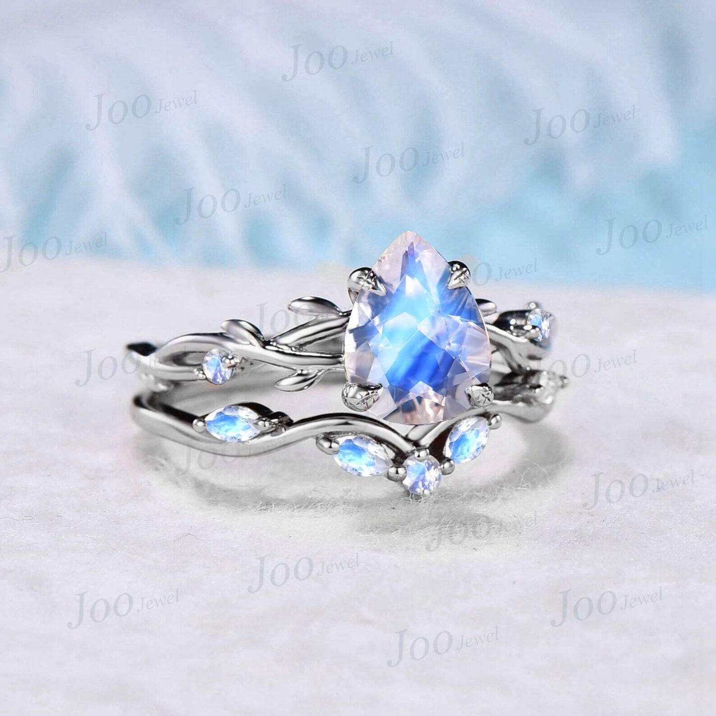 Nature Inspired Natural Pear Moonstone Ring Set 1.25ct Twig Vine Blue Moonstone Engagement Ring Set 10K White Gold Branch Vine Bridal Set