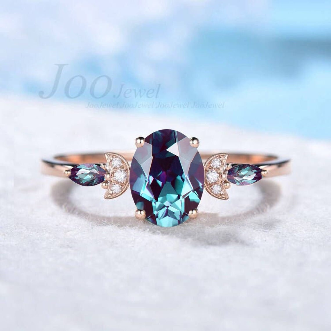 1.5ct Oval Cut Alexandrite Moonstone Ring Set June Birthstone Wedding Ring Moon Ring Unique Anniversary/Promise/Birthstone Gift for Women
