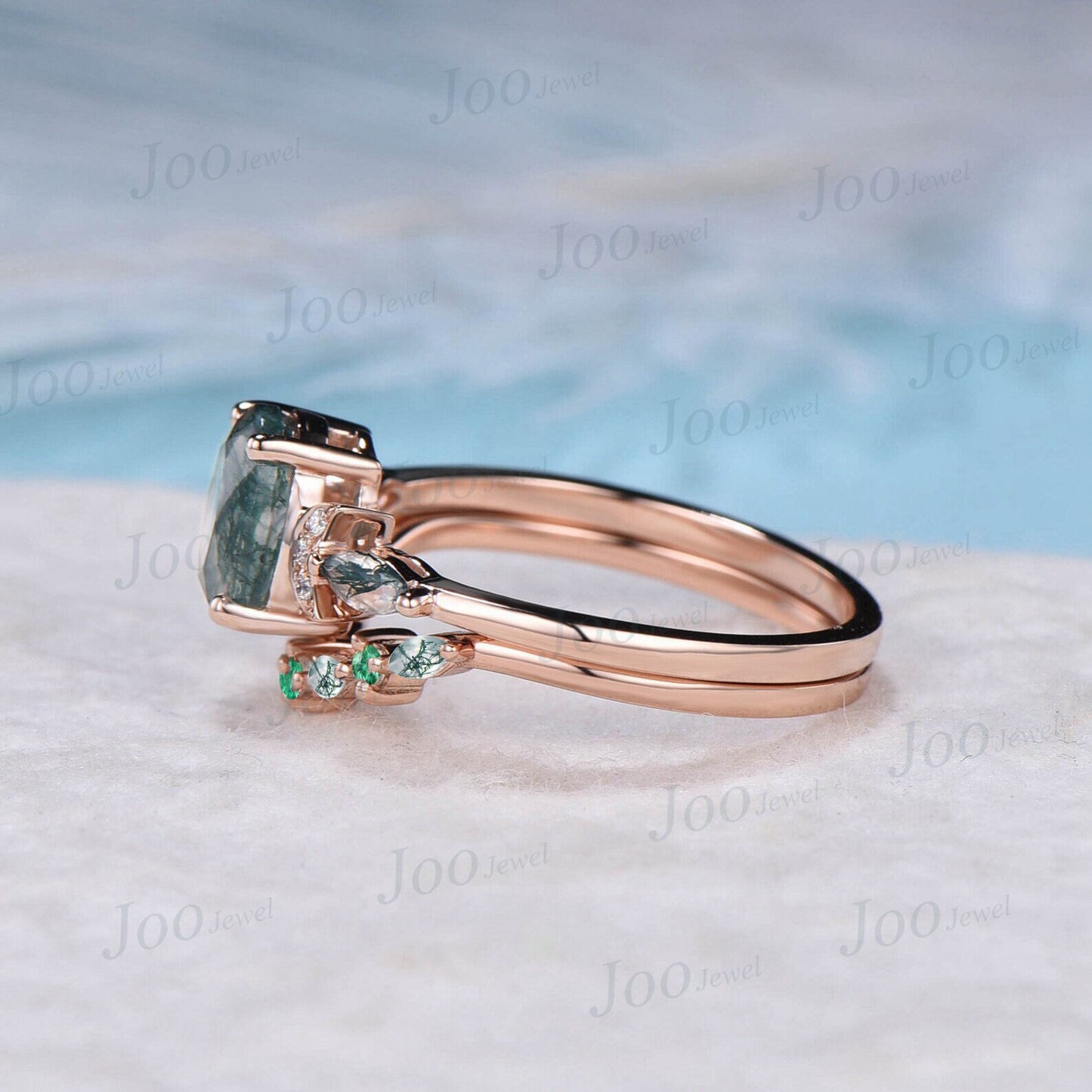 1.5ct Oval Natural Moss Agate Emerald Engagement Ring Set Rose Gold Moss Agate Bridal Set Curve Green Emerald Moss Wedding Band Promise Ring