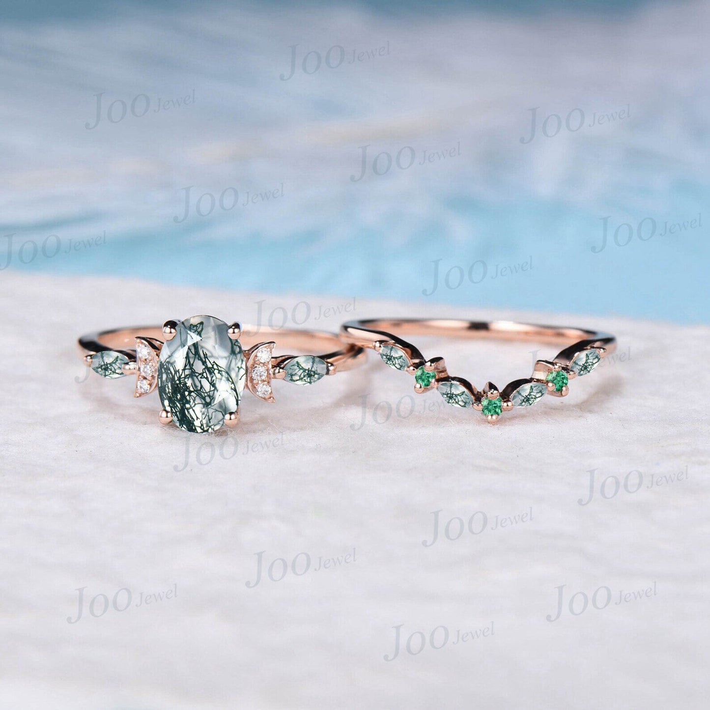 1.5ct Oval Natural Moss Agate Emerald Engagement Ring Set Rose Gold Moss Agate Bridal Set Curve Green Emerald Moss Wedding Band Promise Ring