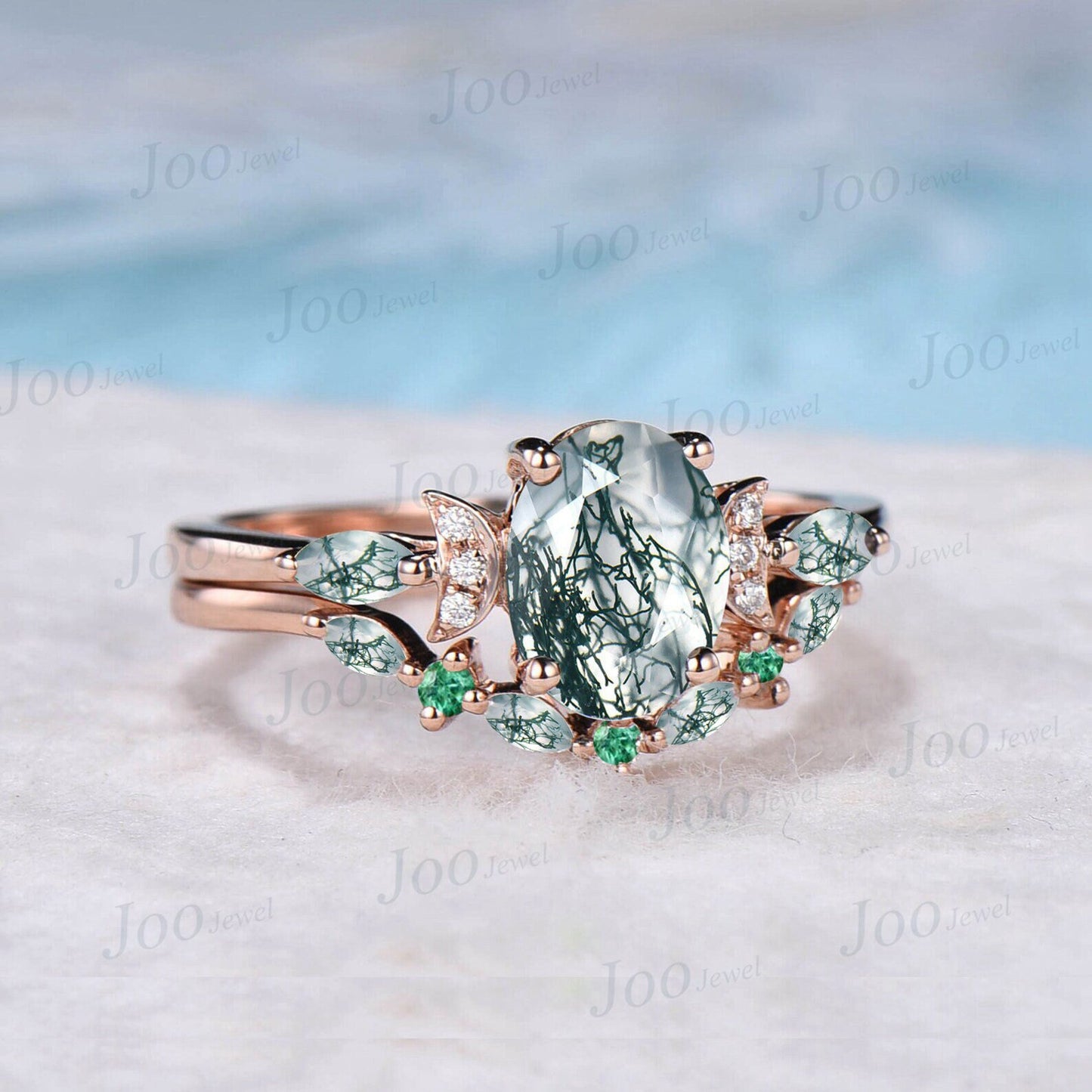 1.5ct Oval Natural Moss Agate Emerald Engagement Ring Set Rose Gold Moss Agate Bridal Set Curve Green Emerald Moss Wedding Band Promise Ring