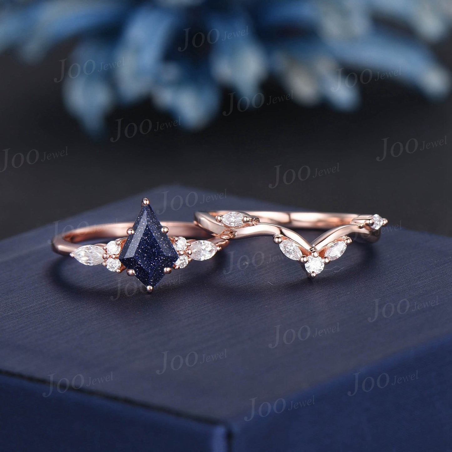 1ct Kite Galaxy Starry Night Blue Sandstone Ring Set Vintage Gemstone Moissanite Blue Goldstone Engagement Ring Set Personalized Gift Women