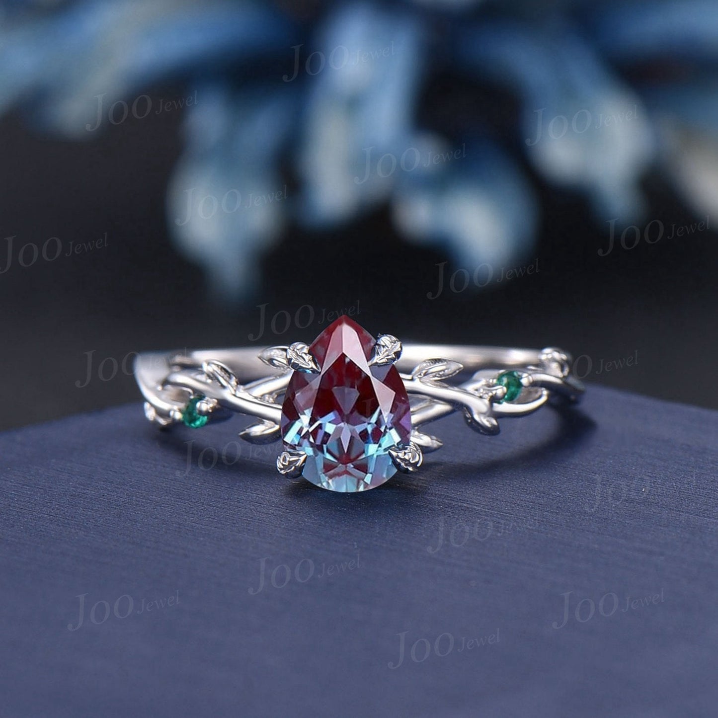 Twig Vine Pear Alexandrite Emerald Ring Set 10K White Gold Nature Inspired Color-Change Alexandrite Moonstone Opal Bridal Set Promise Gifts