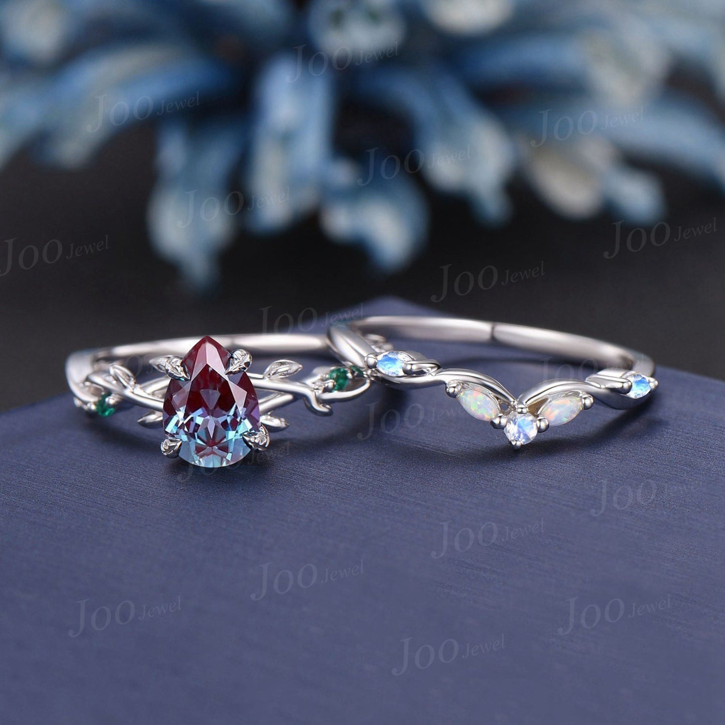 Twig Vine Pear Alexandrite Emerald Ring Set 10K White Gold Nature Inspired Color-Change Alexandrite Moonstone Opal Bridal Set Promise Gifts