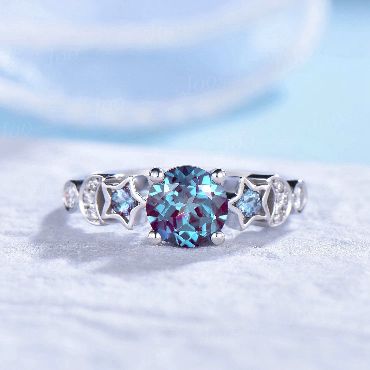 Sterling Silver 1ct Round Color-Change Alexandrite Bridal Set Alexandrite Moon Star Wedding Ring June Birthstone Promise Ring Platinum Ring