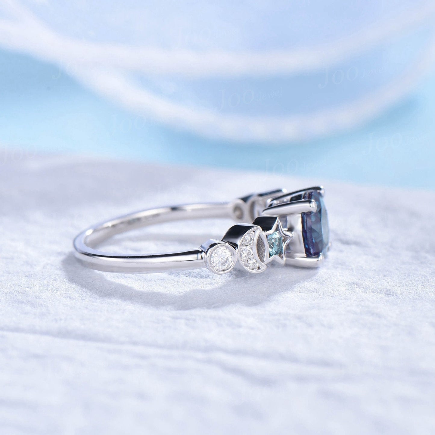 Sterling Silver 1ct Round Color-Change Alexandrite Bridal Set Alexandrite Moon Star Wedding Ring June Birthstone Promise Ring Platinum Ring
