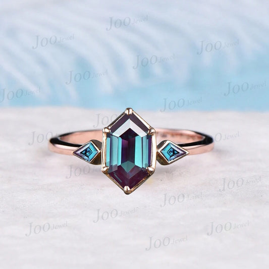 Hexagon Color-Change Alexandrite Ring Vintage Cluster Kite Alexandrite Ring June Birthstone Wedding Ring Unique Anniversary Gemstone Jewelry