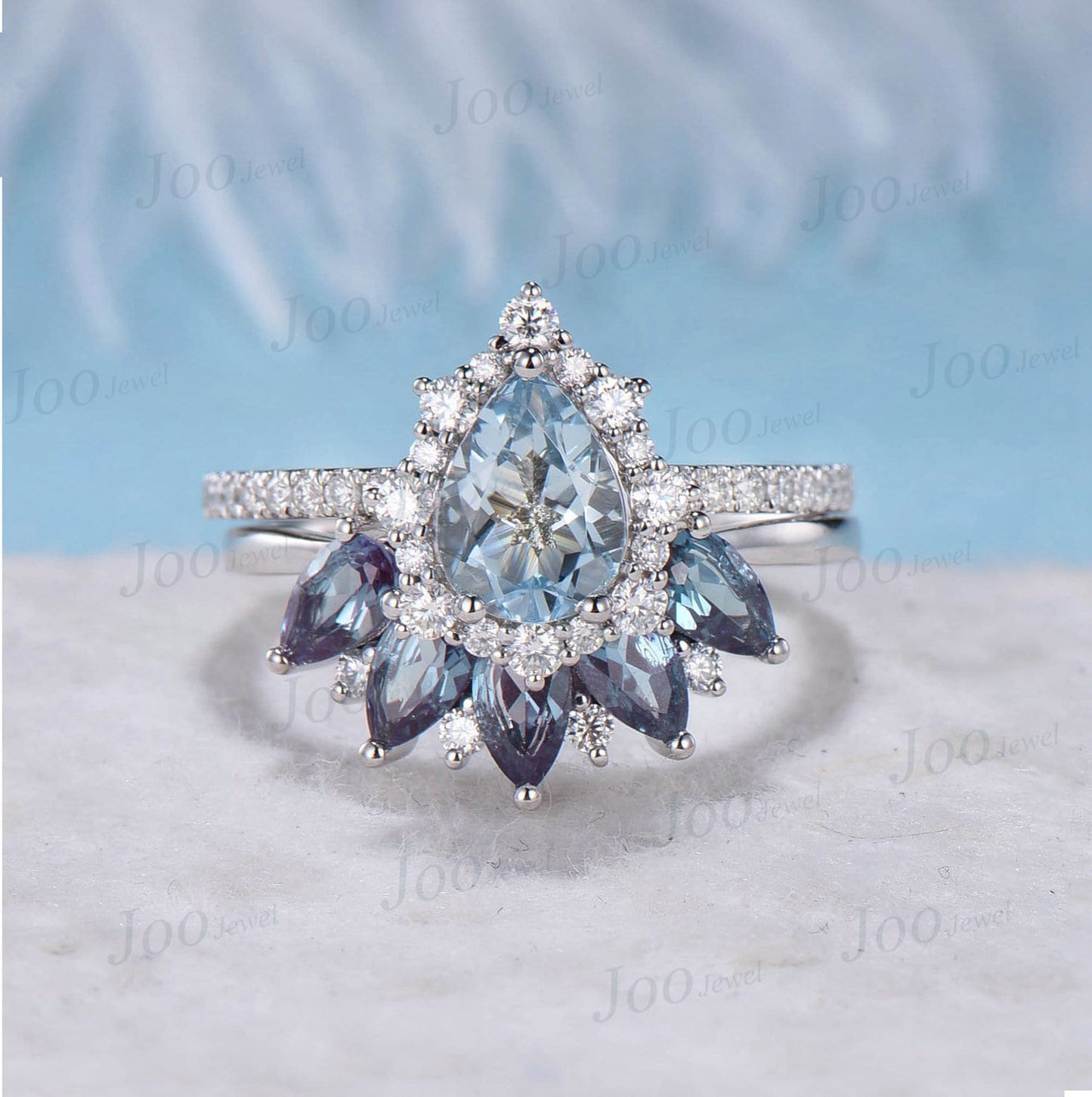 Pear Natural Aquamarine Halo Engagement Ring Set 10k White Gold Half Eternity Moissanite Alexandrite Wedding Band Cocktail Statement Rings