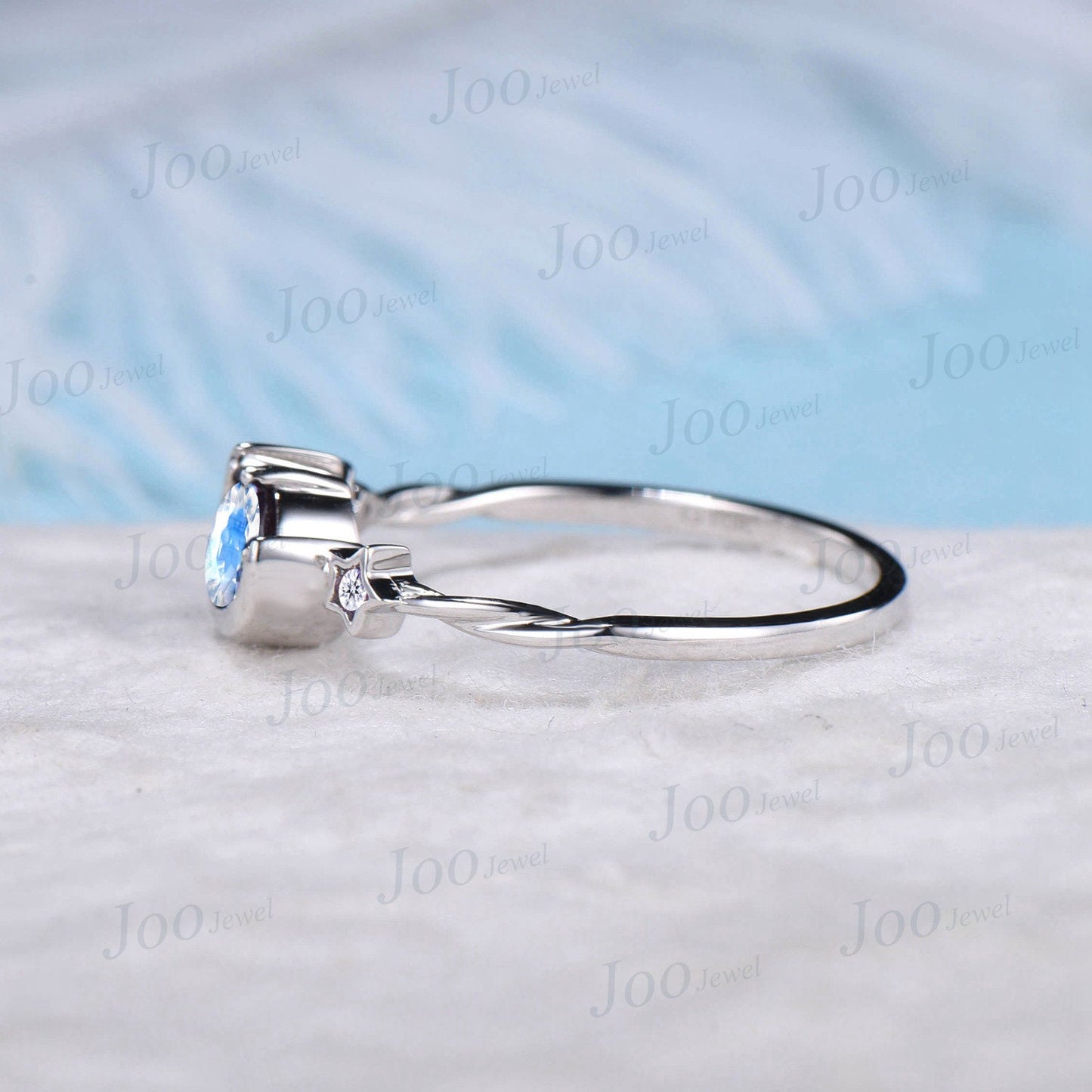 Unique Round Blue Moonstone Engagement Ring 10K Rose Gold Moon Bridal Ring Moon Star Moissanite Opal Wedding Ring Art Deco Asymmetrical Ring