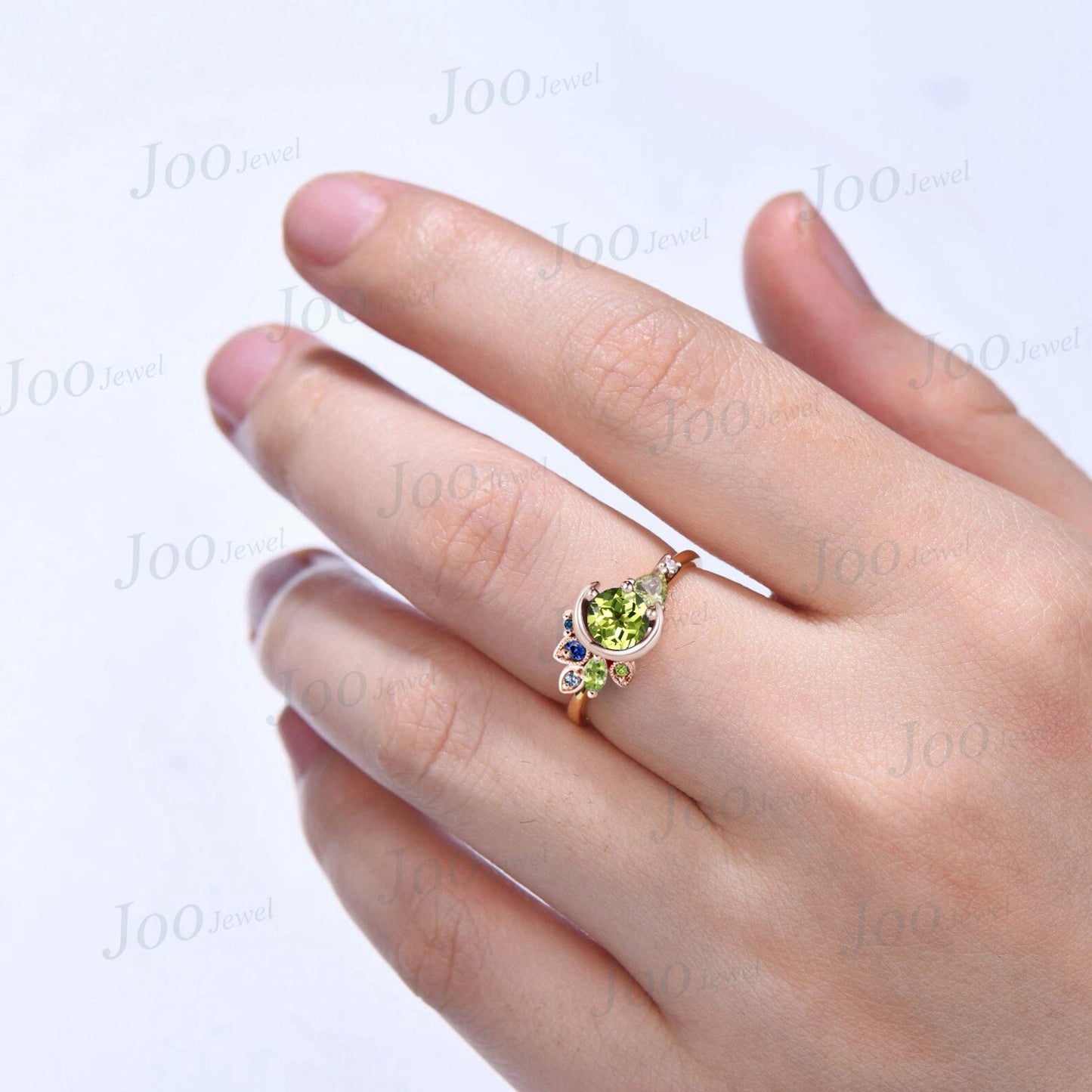 5mm Round Cut Natural Peridot Ring Green Gemstone Jewelry August Birthstone Moon Cluster Wedding Ring Personalized Anniversary/Birthday Gift