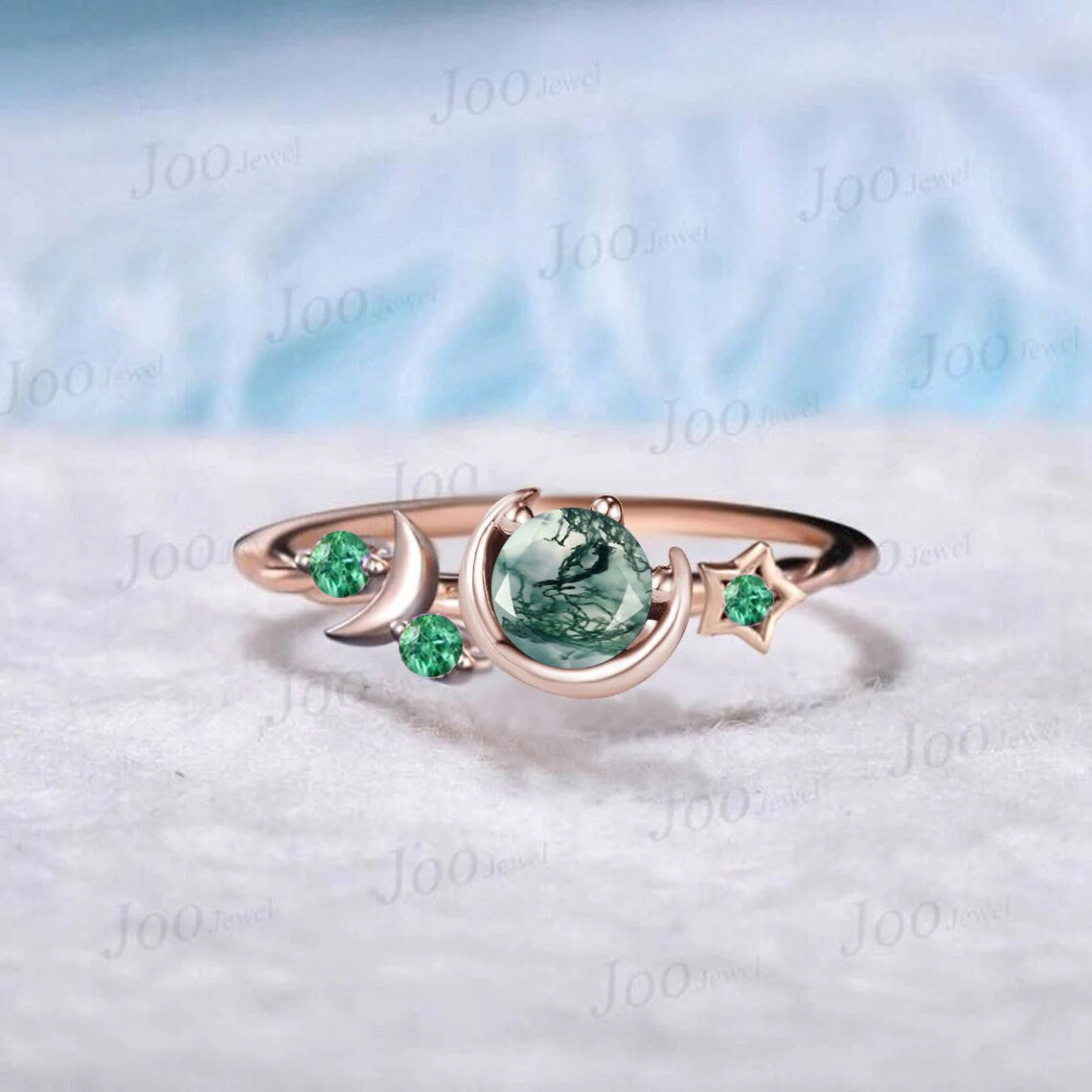 5mm Round Natural Green Moss Agate Engagement Ring Moon Star Cluster Purple Amethyst Celestial Ring Unique Asymmetrical Promise Ring Gifts