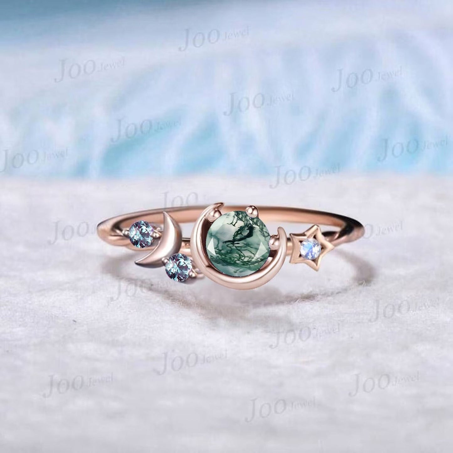 5mm Round Natural Green Moss Agate Engagement Ring Moon Star Cluster Purple Amethyst Celestial Ring Unique Asymmetrical Promise Ring Gifts