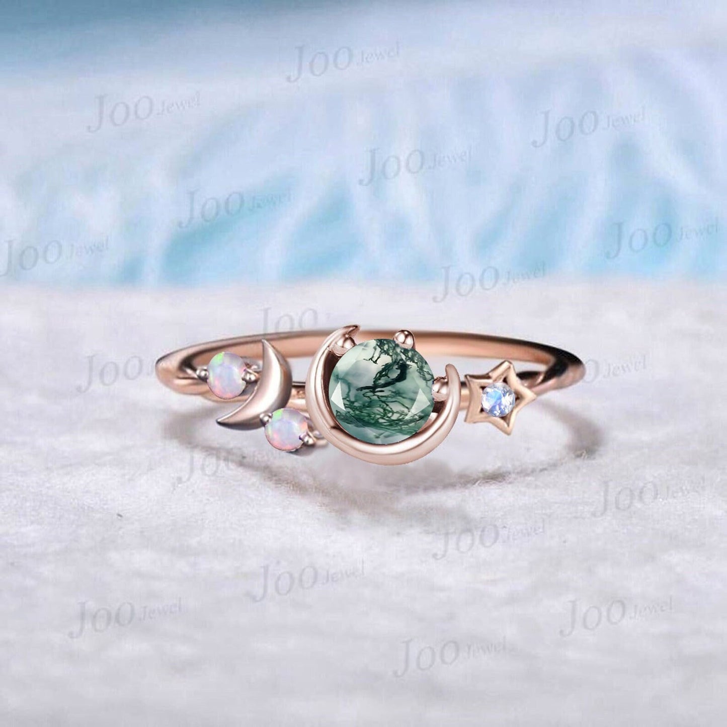5mm Round Natural Green Moss Agate Engagement Ring Moon Star Cluster Purple Amethyst Celestial Ring Unique Asymmetrical Promise Ring Gifts