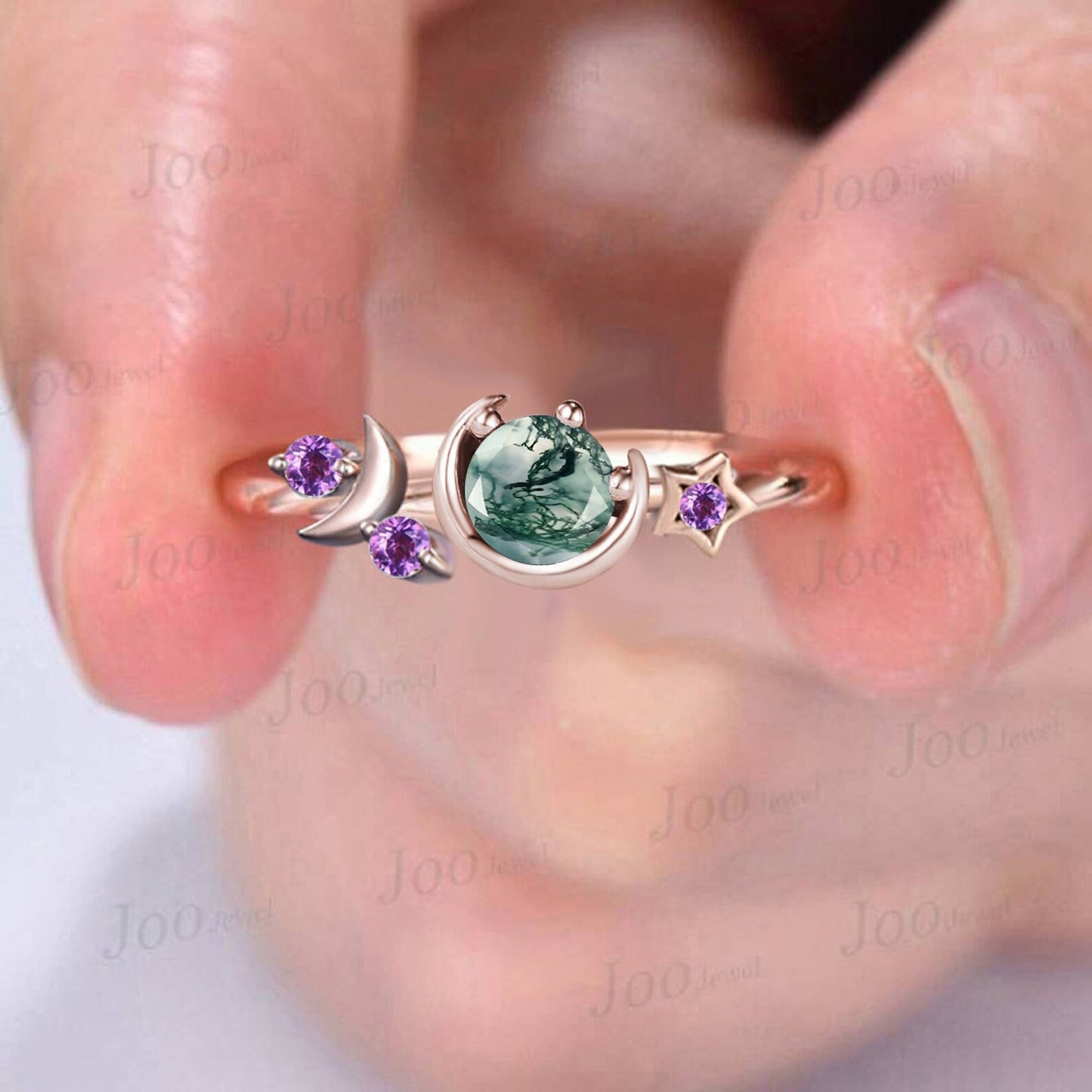 5mm Round Natural Green Moss Agate Engagement Ring Moon Star Cluster Purple Amethyst Celestial Ring Unique Asymmetrical Promise Ring Gifts