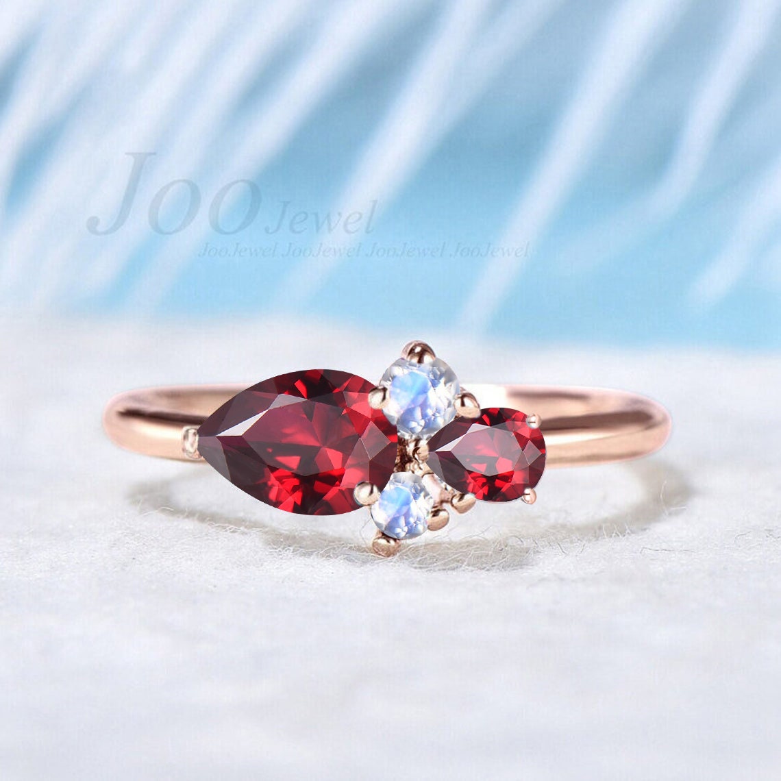 Handmade Pear Cut Red Ruby Ring 10K Rose Gold July Birthstone Promise Ring Vintage Cluster Moonstone Opal Ring Personalized Birthday Gifts