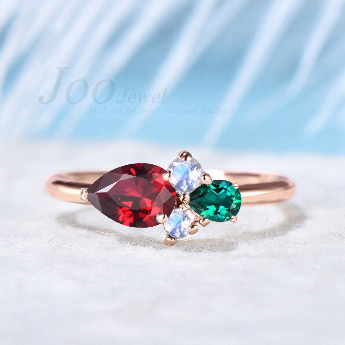 Handmade Pear Cut Red Ruby Ring 10K Rose Gold July Birthstone Promise Ring Vintage Cluster Moonstone Opal Ring Personalized Birthday Gifts