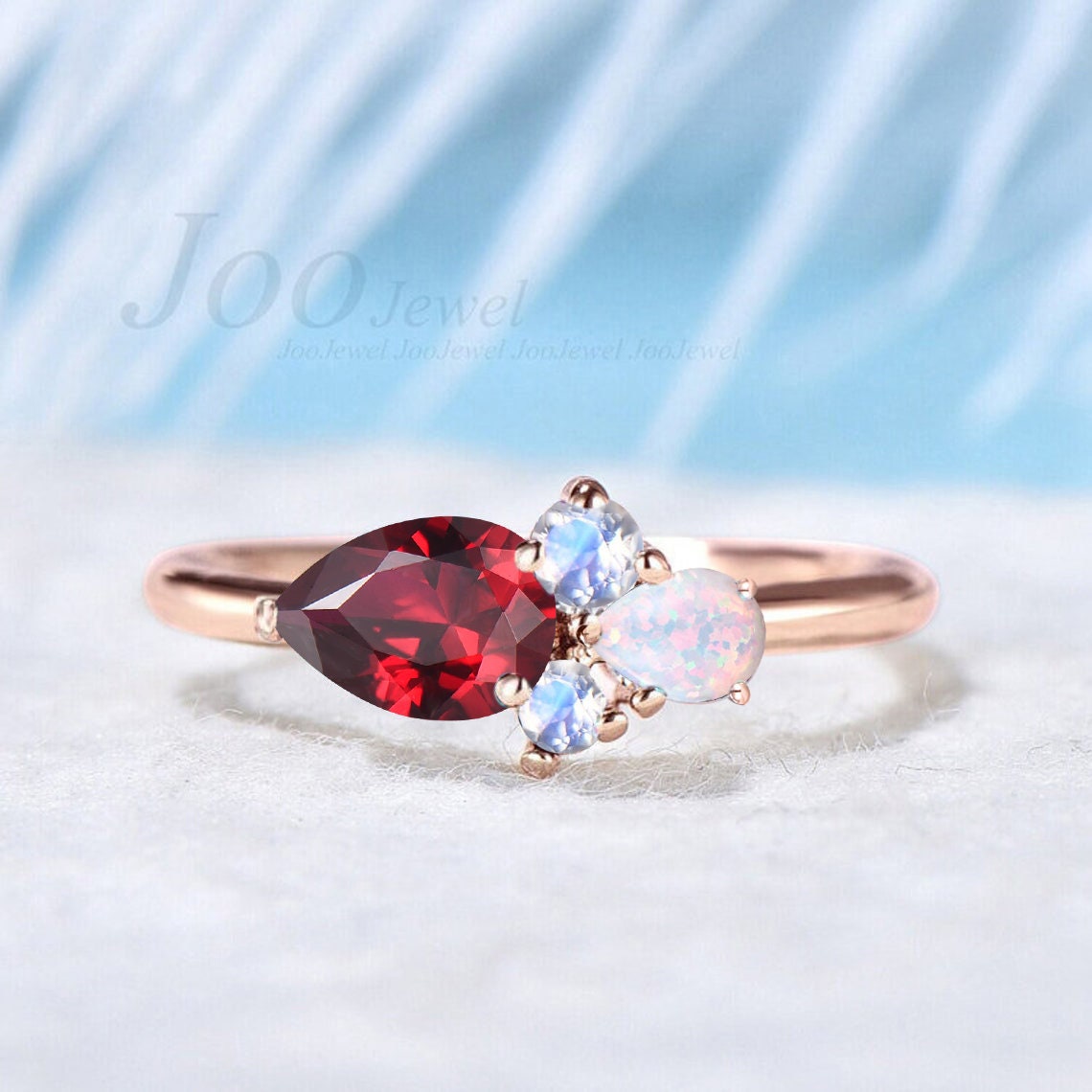 Handmade Pear Cut Red Ruby Ring 10K Rose Gold July Birthstone Promise Ring Vintage Cluster Moonstone Opal Ring Personalized Birthday Gifts