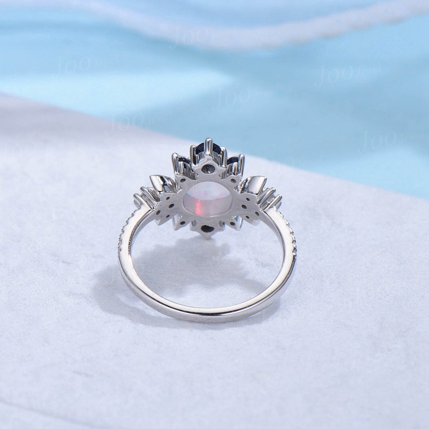 1ct Round Natural Rainbow Moonstone Moon Engagement Ring Cluster Blue Goldstone Ring Unique Half Eternity Moissanite Promise Wedding Ring