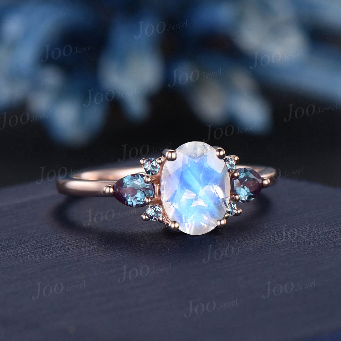 1.5ct Oval Natural Blue Moonstone Engagement Ring Vintage Color-Change Pear Alexandrite Wedding Ring June Birthstone Birthday/Promise Gifts