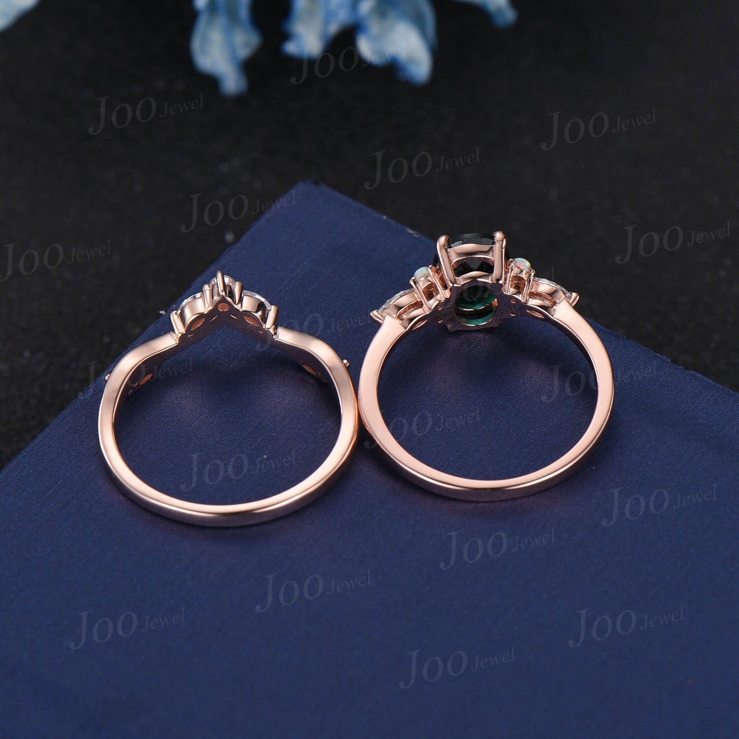 1.5ct Oval Cut Natural Green Moss Agate Engagement Ring Set 10K Rose Gold Cluster Aquatic Agate Bridal Set Marquise Moss Opal Wedding Band