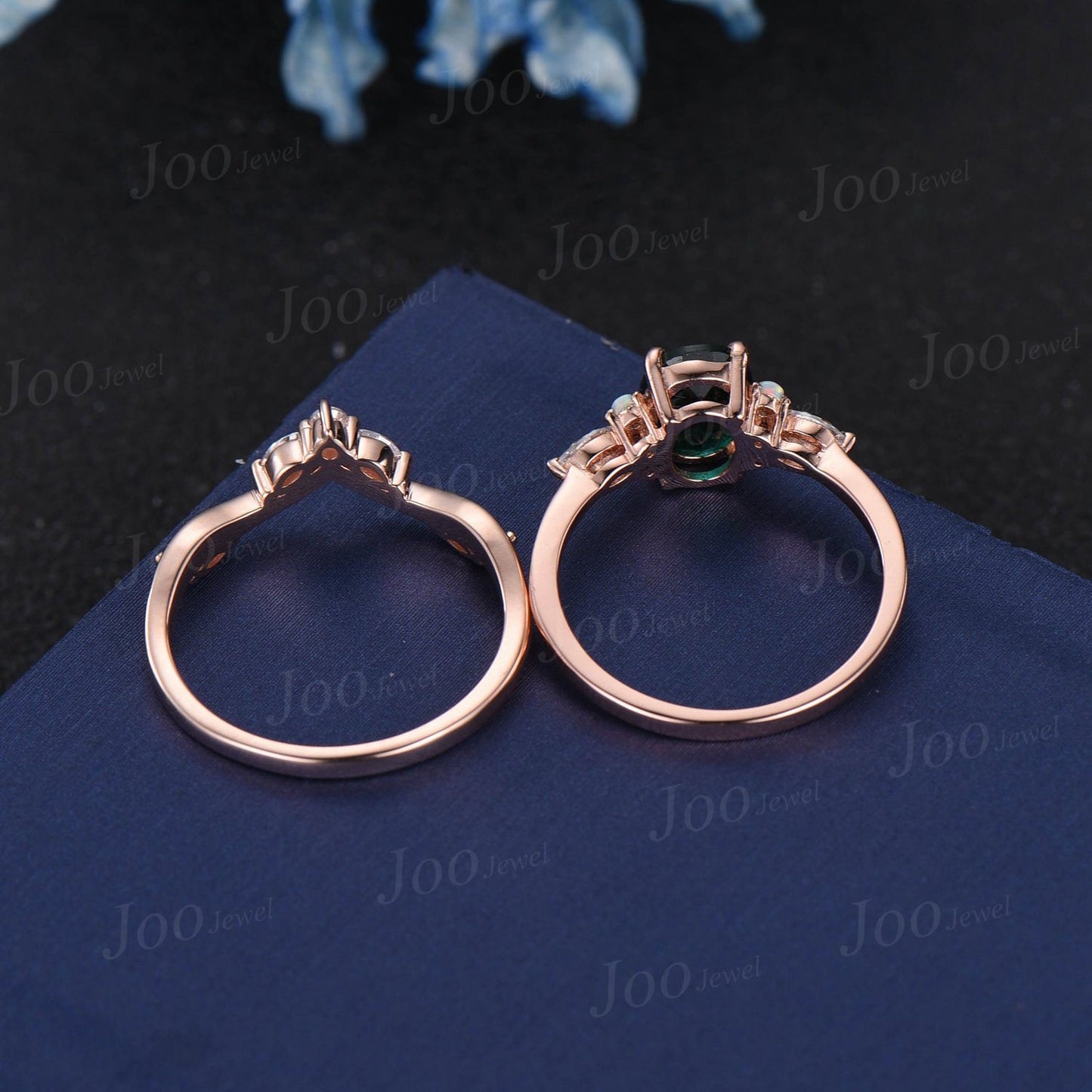 1.5ct Oval Natural Green Moss Agate Engagement Ring Set 10K Rose Gold Cluster Marquise Aquatic Agate Bridal Set Moss Moissanite Wedding Band