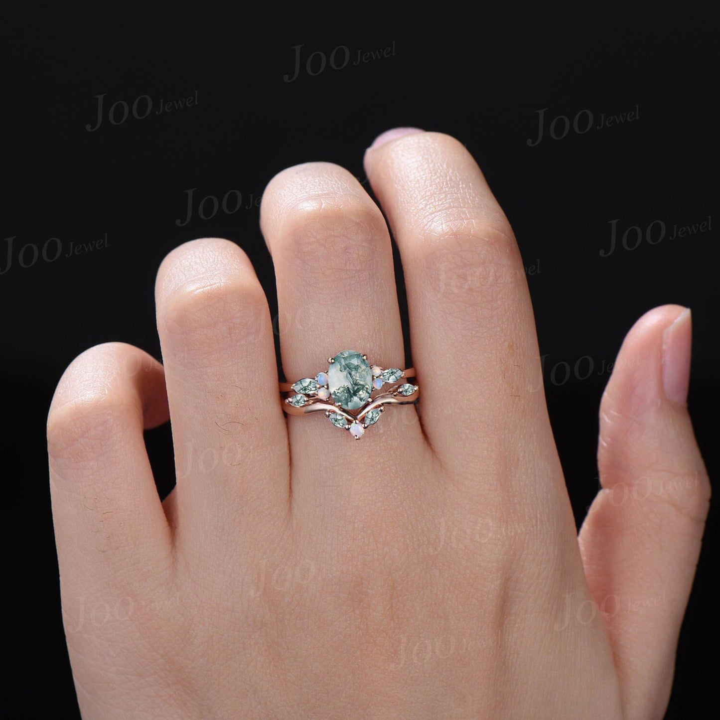 1.5ct Oval Cut Natural Green Moss Agate Engagement Ring Set 10K Rose Gold Cluster Aquatic Agate Bridal Set Marquise Moss Opal Wedding Band