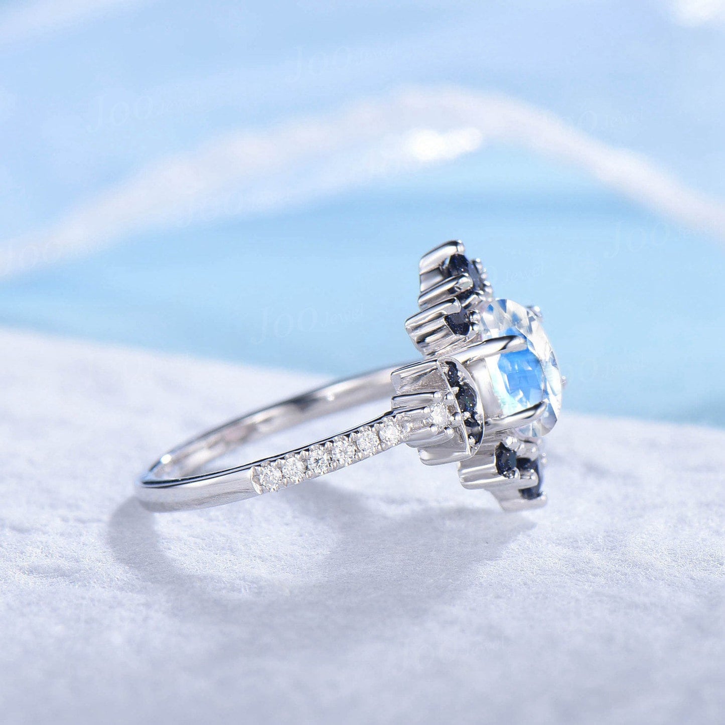 1ct Round Natural Rainbow Moonstone Moon Engagement Ring Cluster Blue Goldstone Ring Unique Half Eternity Moissanite Promise Wedding Ring