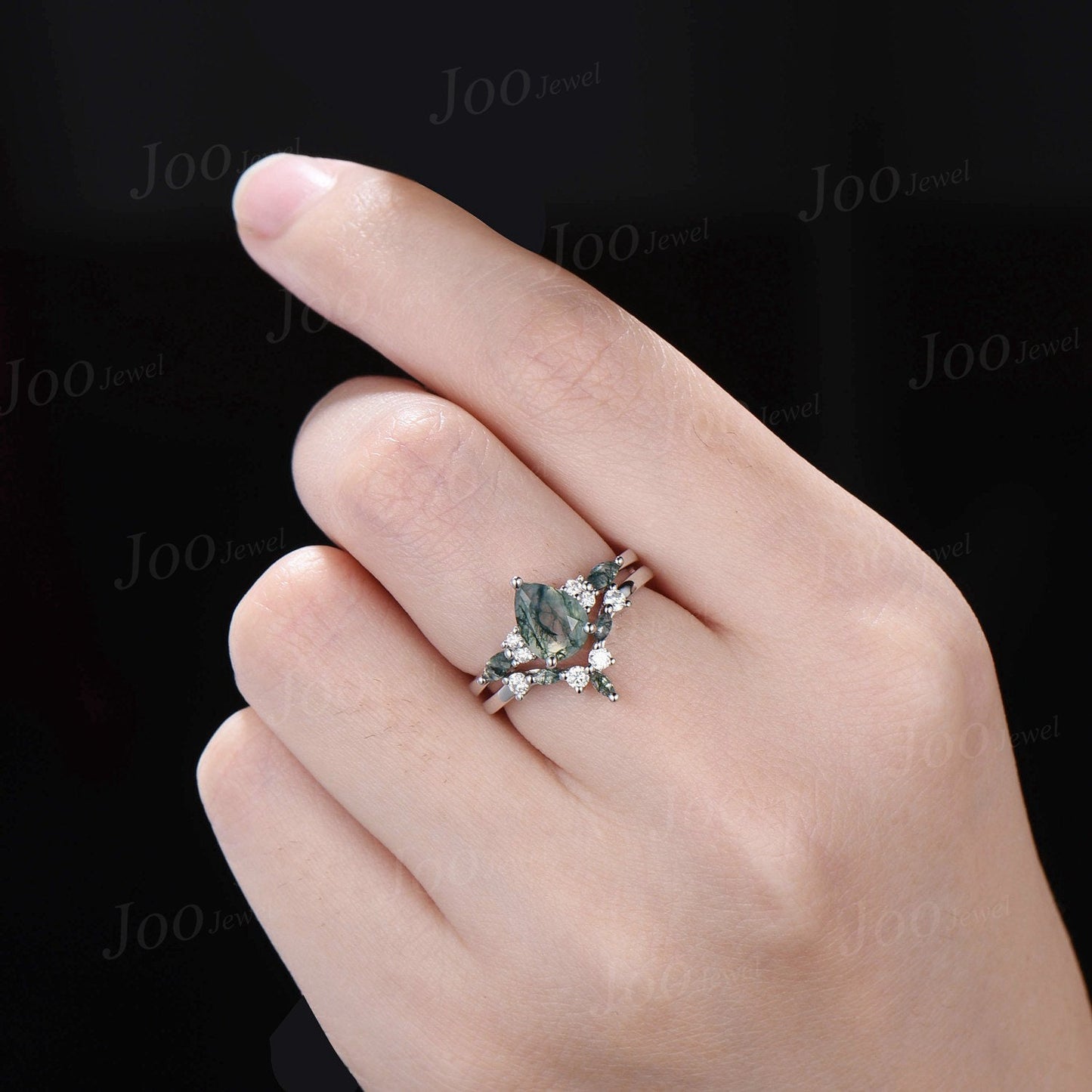 1.25ct Pear Shaped Natural Moss Agate Engagement Ring Set 10K/14K/18K Rose Gold Moissanite Wedding Ring Women Unique Moss Agate Bridal Set
